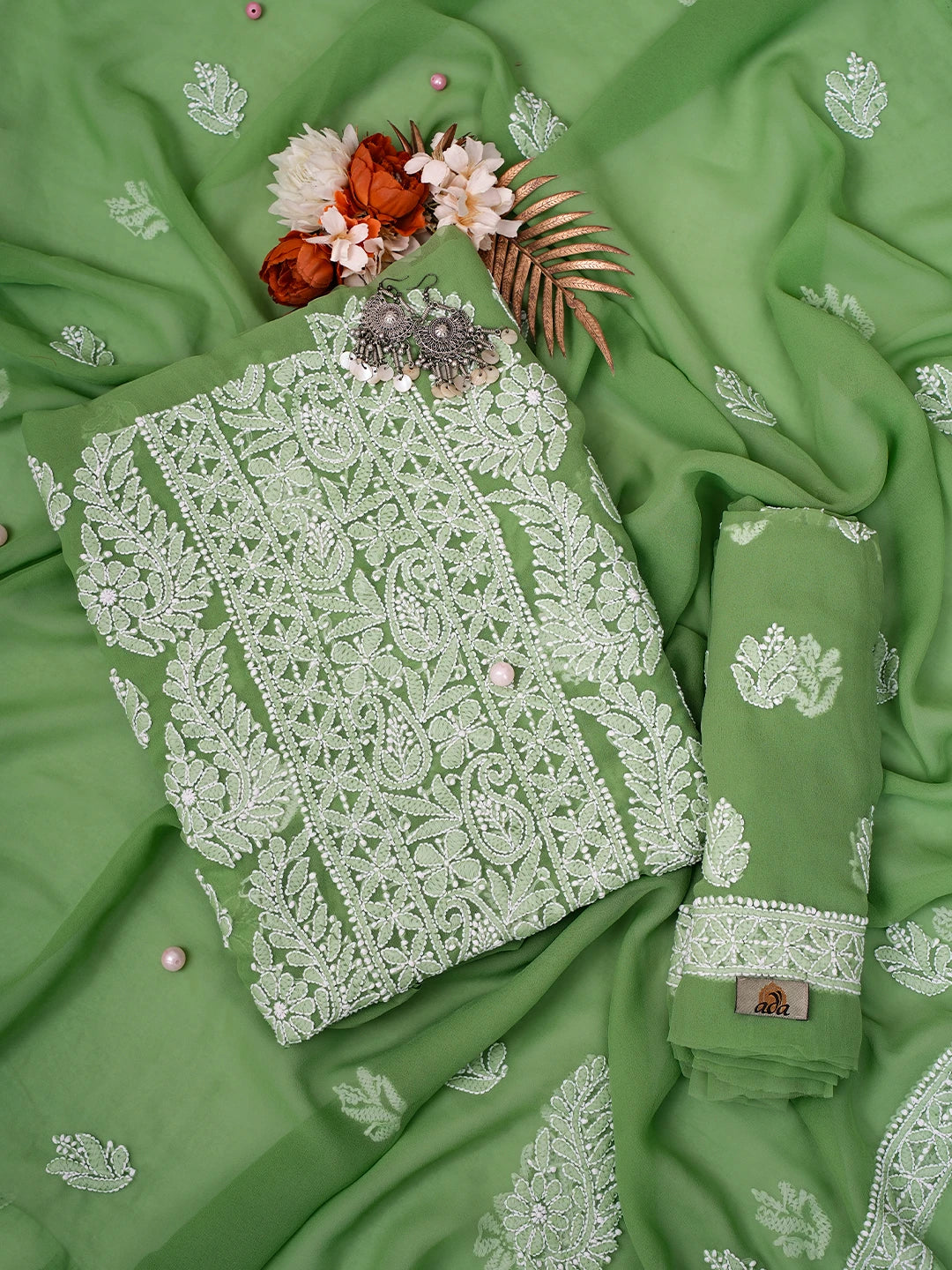 Ada Hand Embroidered Green Georgette Lucknowi Chikankari Unstitched Suit Piece A211295