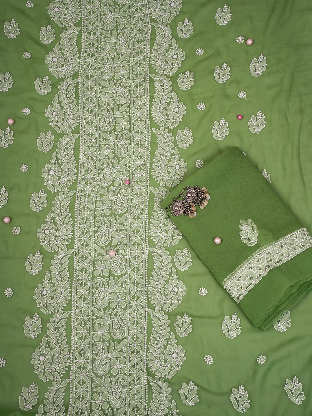 Ada Hand Embroidered Green Georgette Lucknowi Chikankari Unstitched Suit Piece A211295