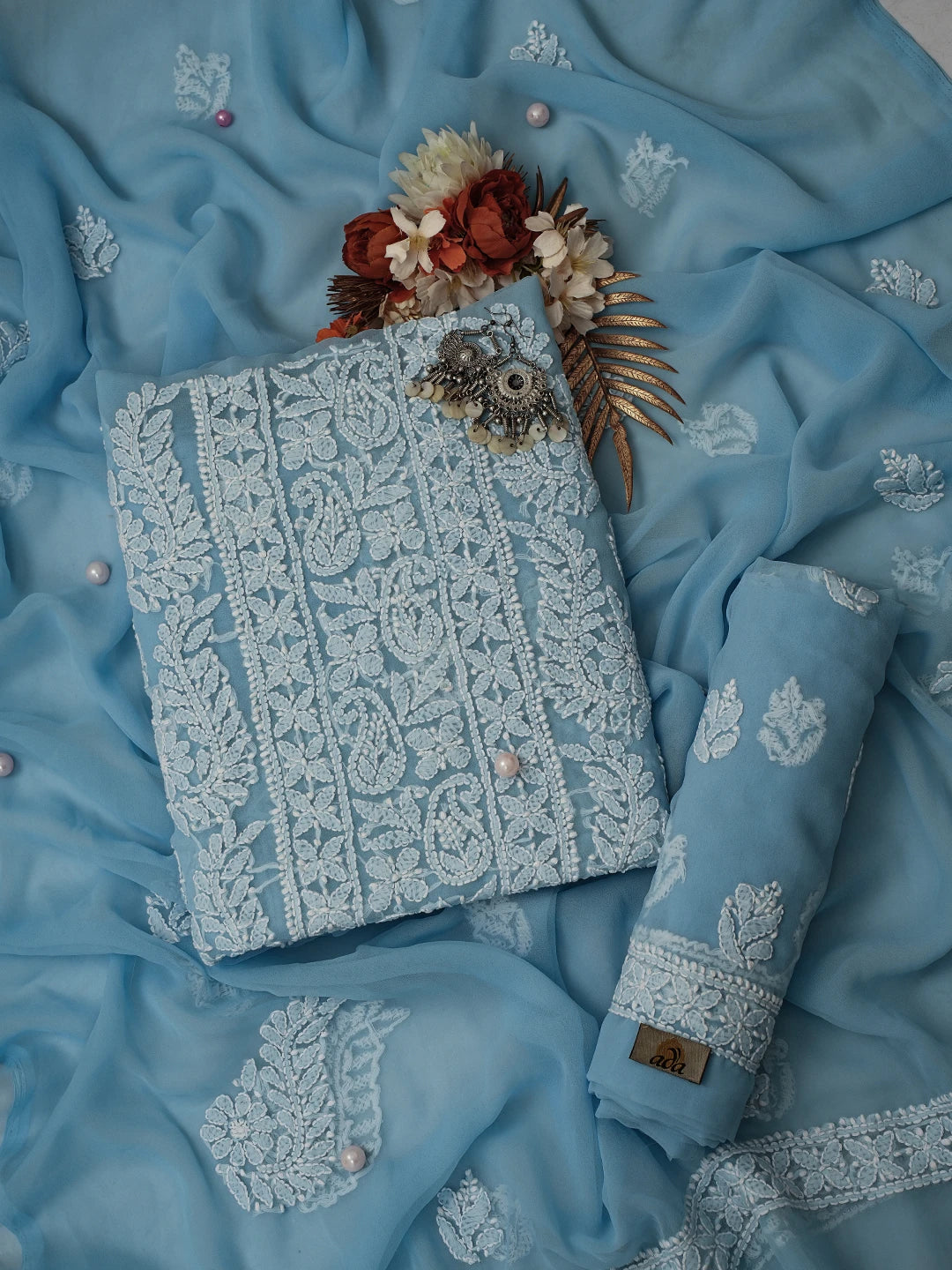 Ada Hand Embroidered Powder Blue Georgette Lucknowi Chikankari Unstitched Suit Piece A211296