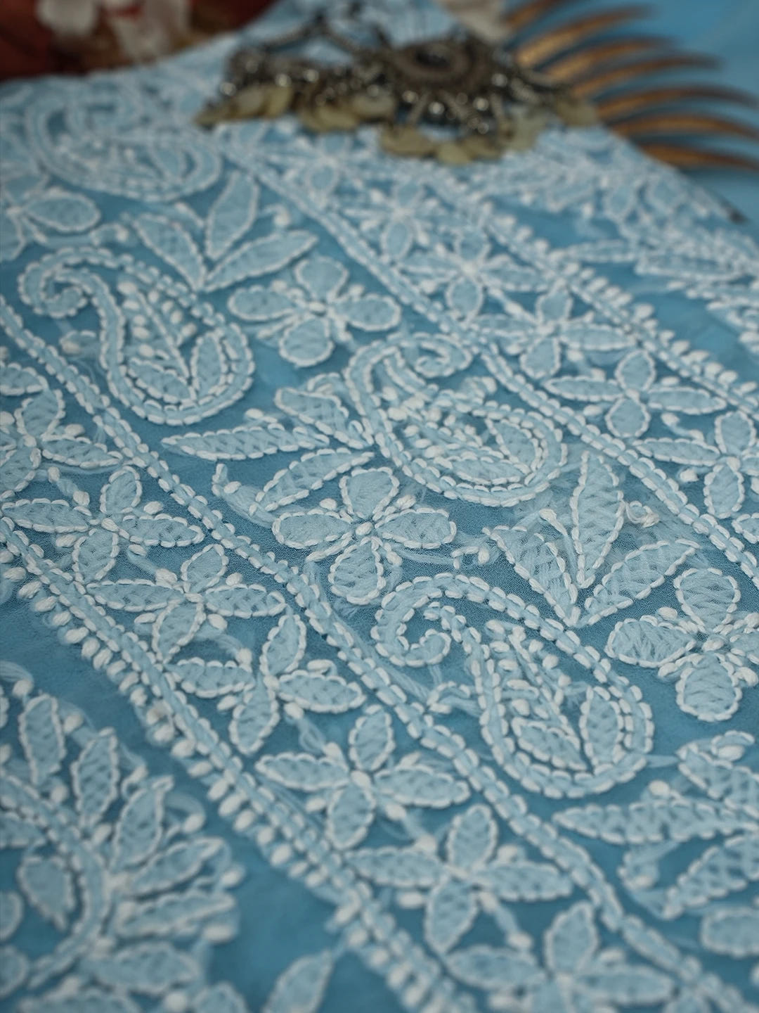 Ada Hand Embroidered Powder Blue Georgette Lucknowi Chikankari Unstitched Suit Piece A211296