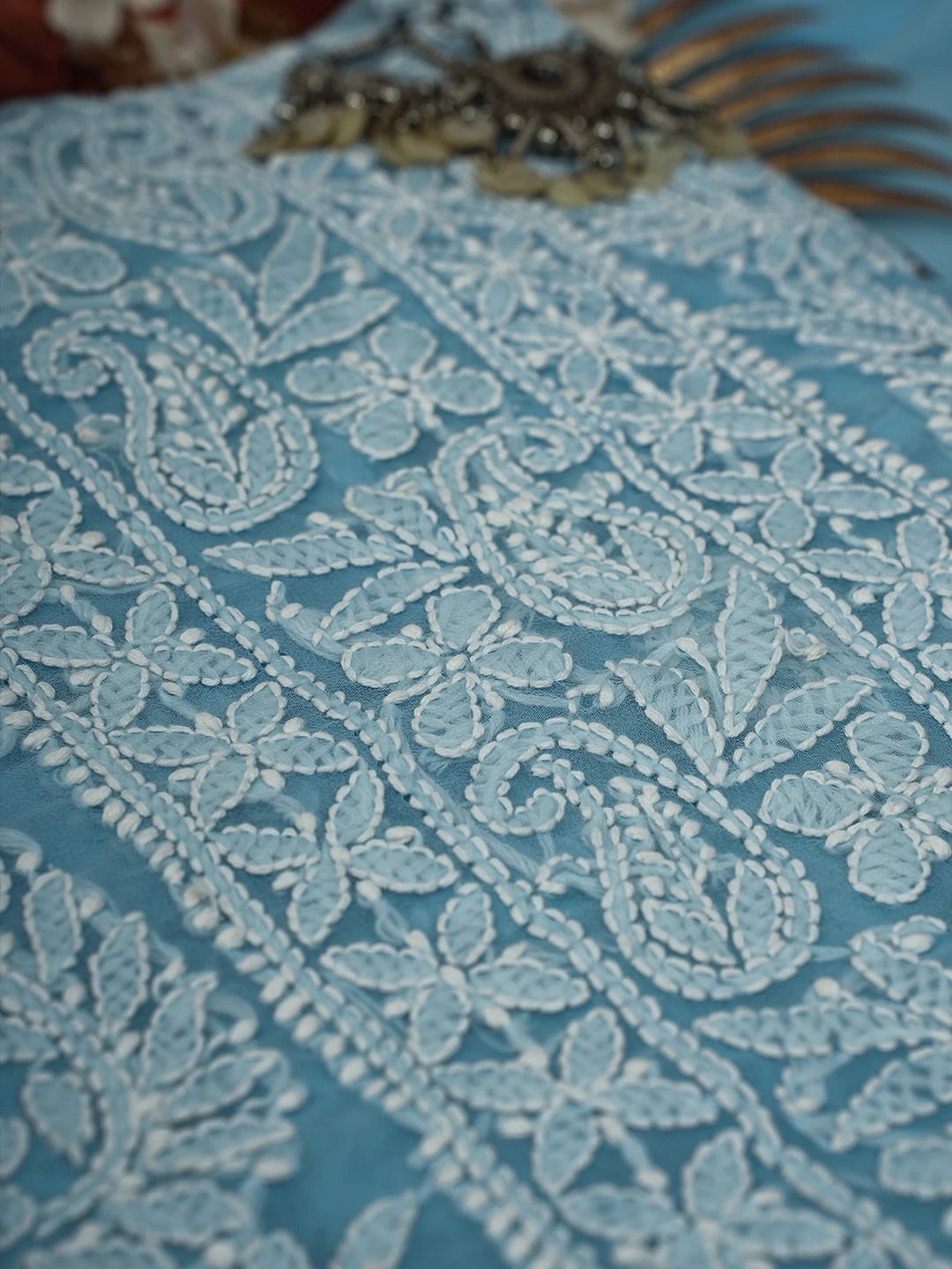 Ada Hand Embroidered Powder Blue Georgette Lucknowi Chikankari Unstitched Suit Piece A211296