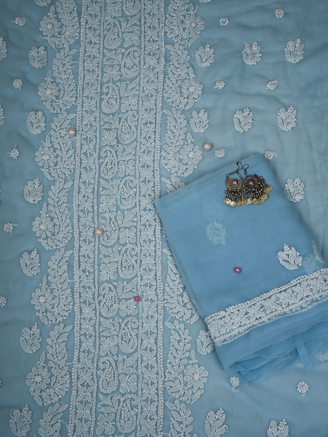 Ada Hand Embroidered Powder Blue Georgette Lucknowi Chikankari Unstitched Suit Piece A211296