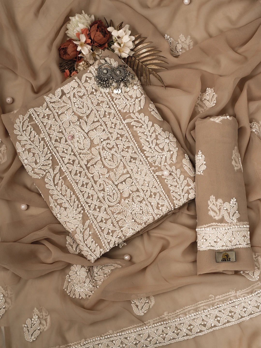 Ada Hand Embroidered Fawn Georgette Lucknowi Chikankari Unstitched Suit Piece A211297