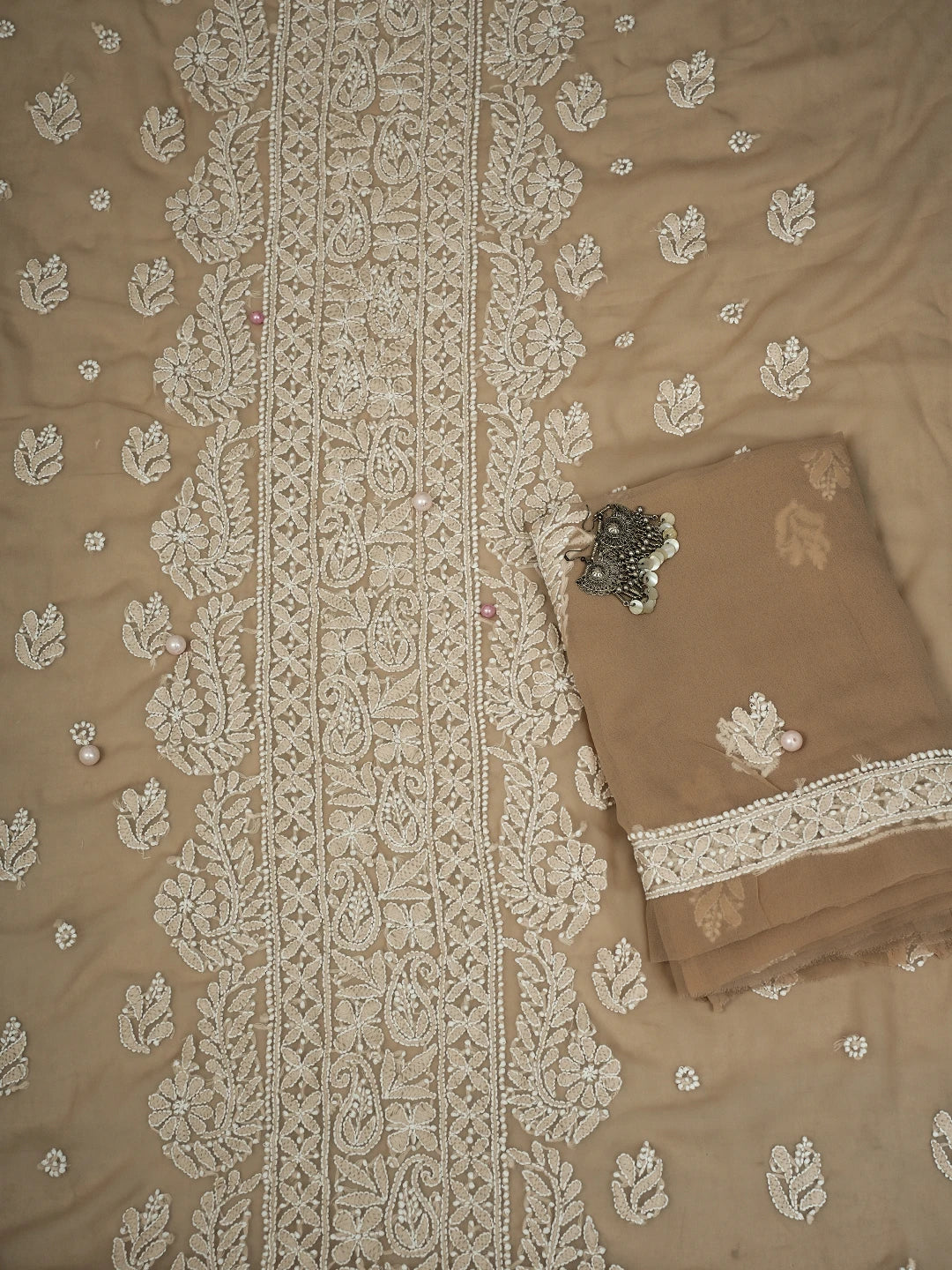 Ada Hand Embroidered Fawn Georgette Lucknowi Chikankari Unstitched Suit Piece A211297