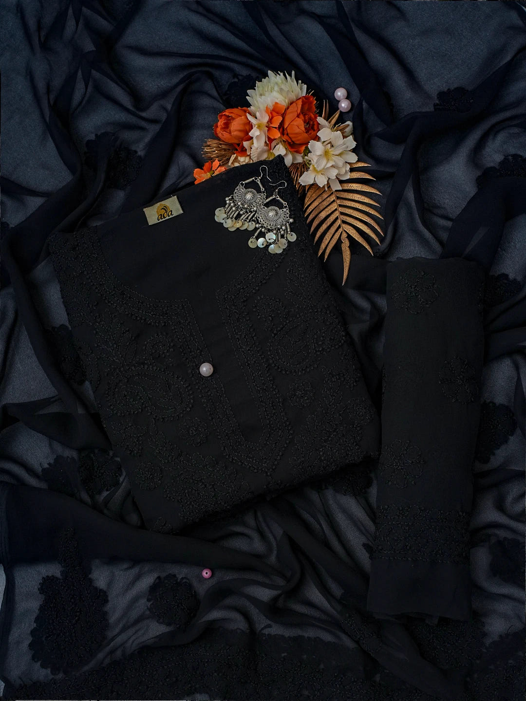 Ada Hand Embroidered Black Georgette Lucknowi Chikankari Unstitched Suit Piece A211318