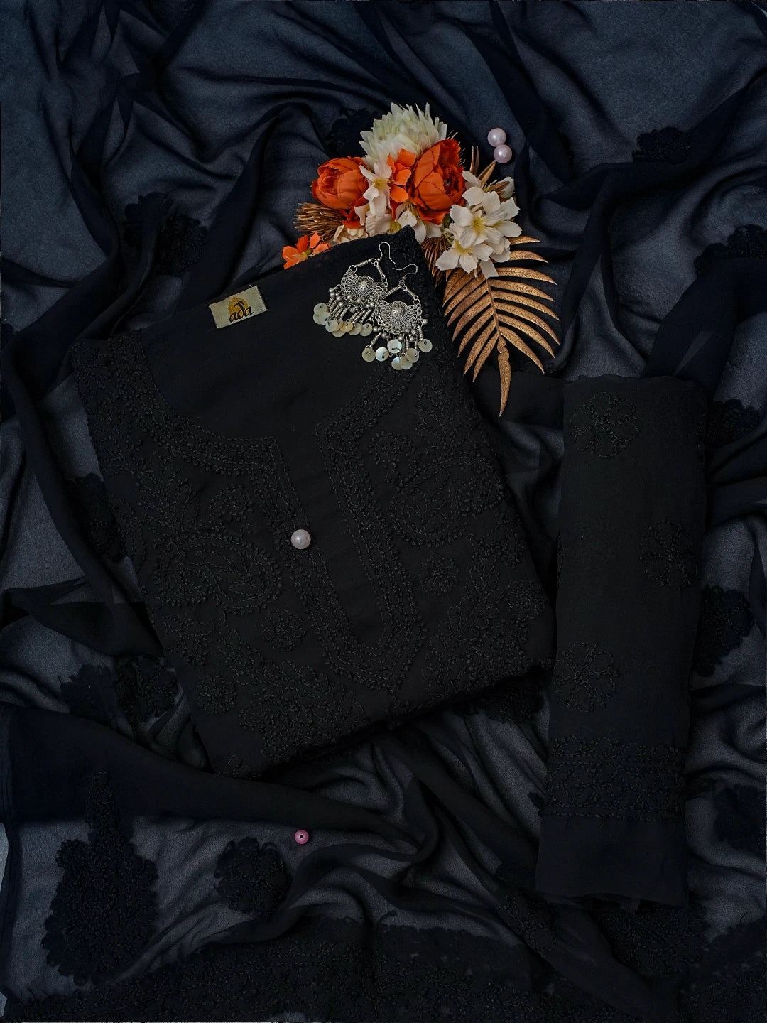 Ada Hand Embroidered Black Georgette Lucknowi Chikankari Unstitched Suit Piece A211318