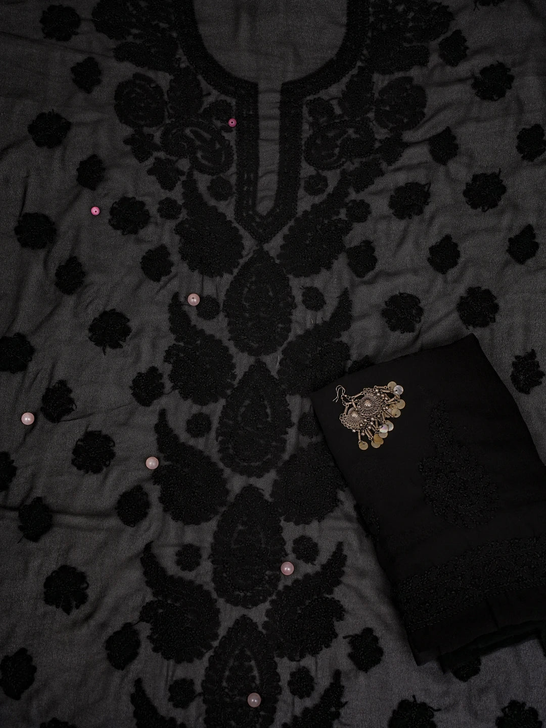 Ada Hand Embroidered Black Georgette Lucknowi Chikankari Unstitched Suit Piece A211318