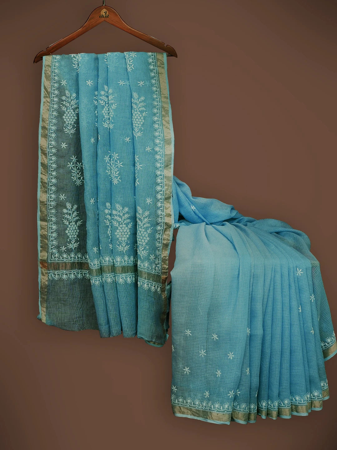 Ada Hand Embroidered Bric Blue Kota Lucknowi Chikankari Saree With Blouse 01A680850