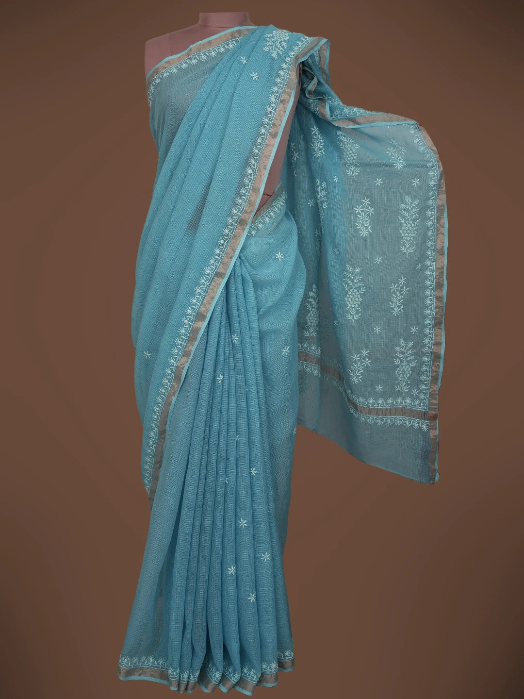 Ada Hand Embroidered Bric Blue Kota Lucknowi Chikankari Saree With Blouse 01A680850