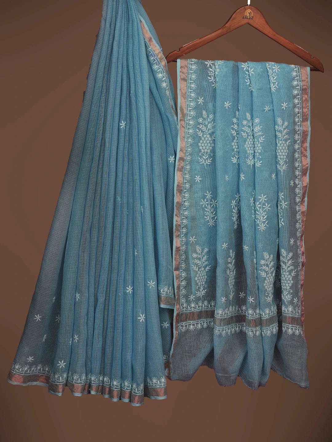 Ada Hand Embroidered Bric Blue Kota Lucknowi Chikankari Saree With Blouse 01A680850