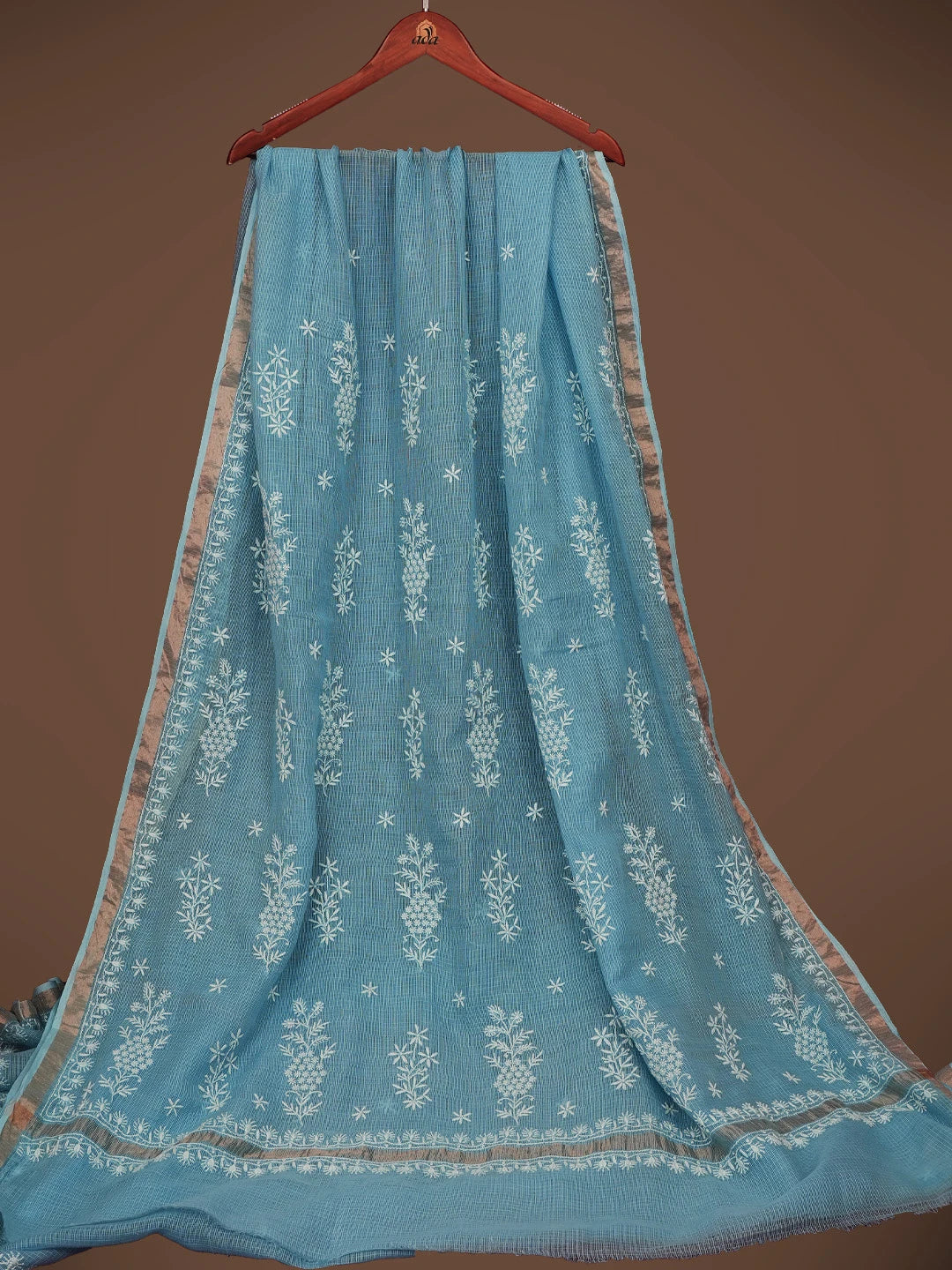 Ada Hand Embroidered Bric Blue Kota Lucknowi Chikankari Saree With Blouse 01A680850