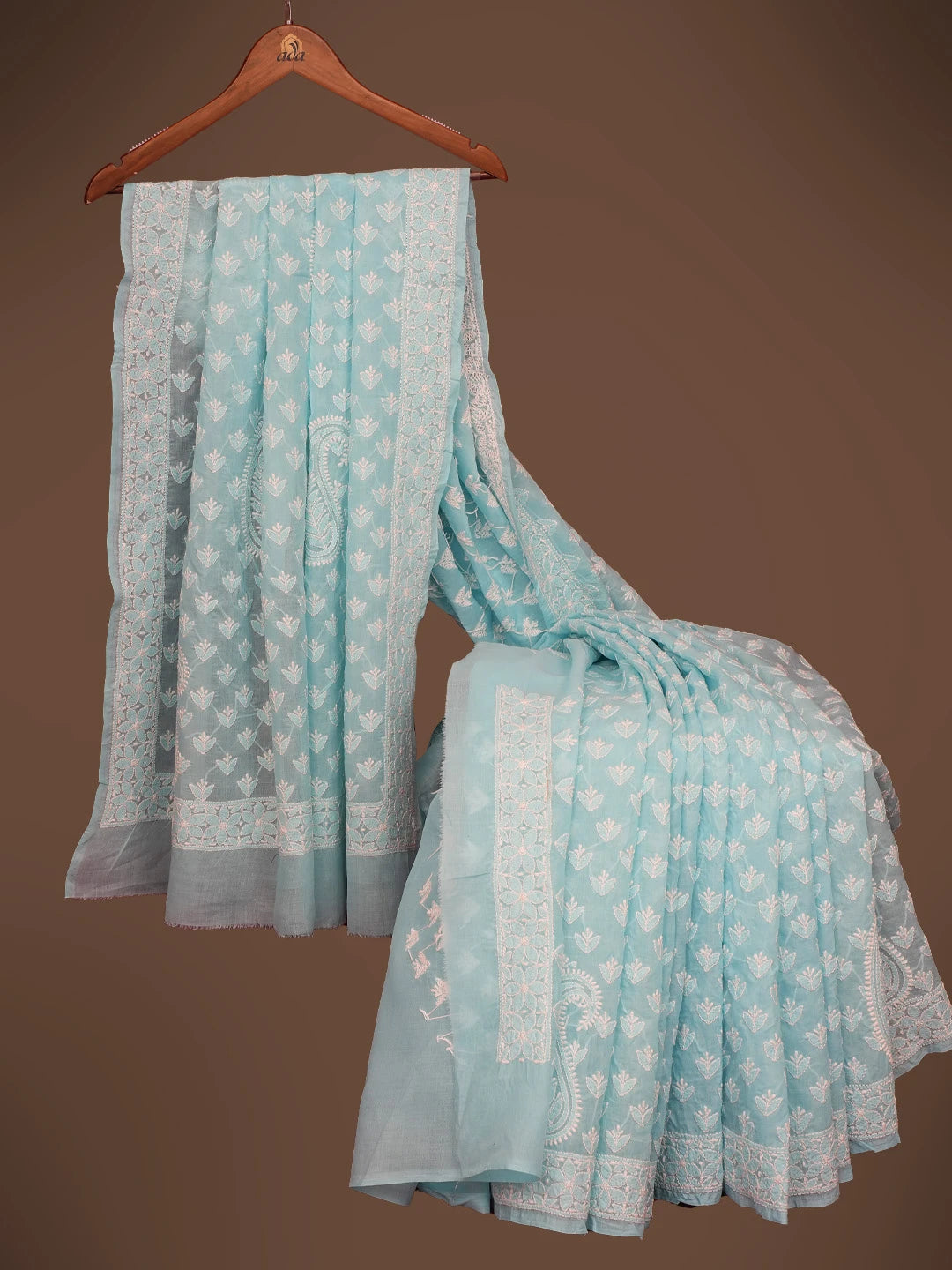 Ada Hand Embroidered Sky Blue Cotton Lucknowi Chikankari Saree and Blouse 01A715574