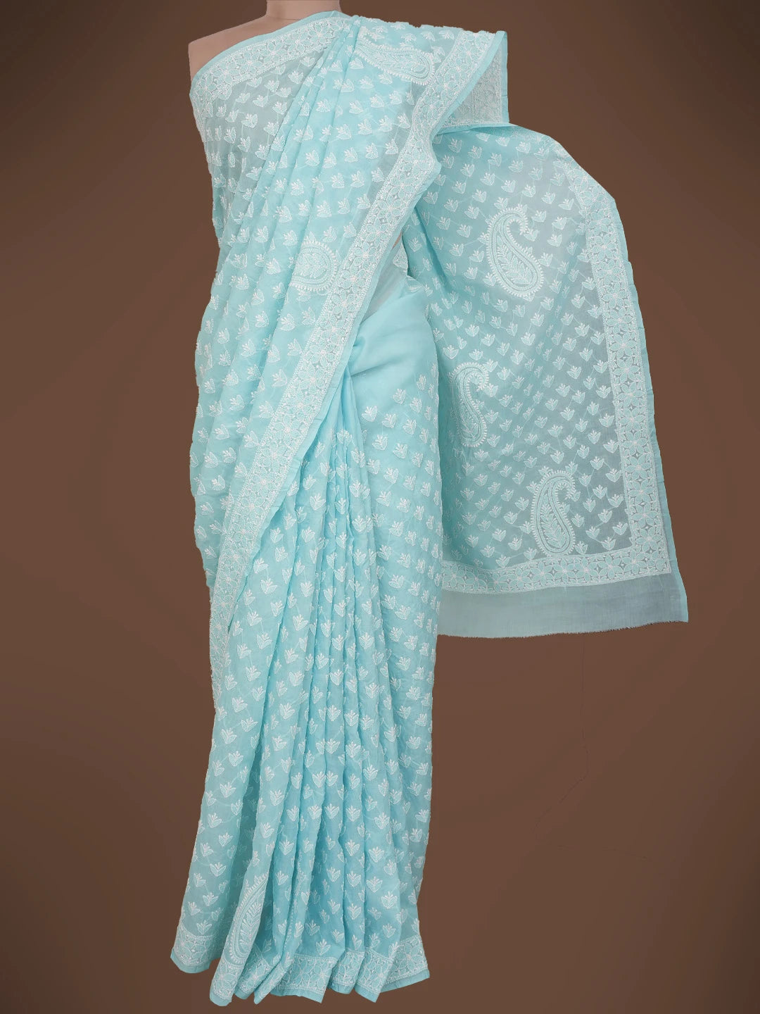 Ada Hand Embroidered Sky Blue Cotton Lucknowi Chikankari Saree and Blouse 01A715574