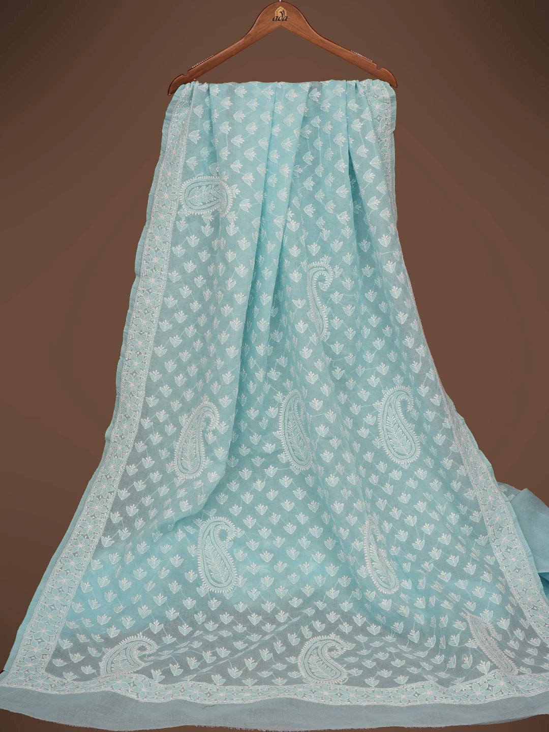 Ada Hand Embroidered Sky Blue Cotton Lucknowi Chikankari Saree and Blouse 01A715574