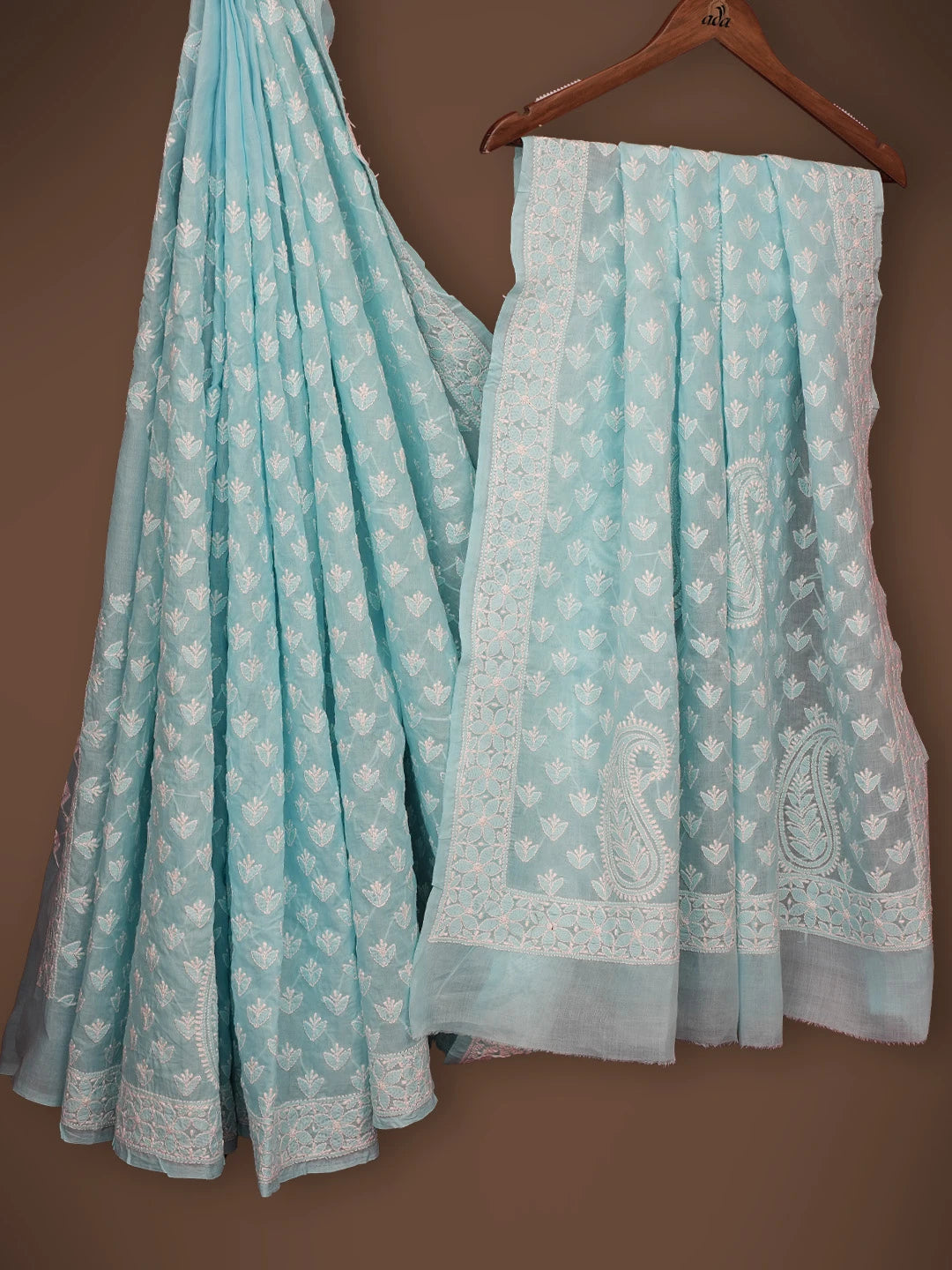 Ada Hand Embroidered Sky Blue Cotton Lucknowi Chikankari Saree and Blouse 01A715574