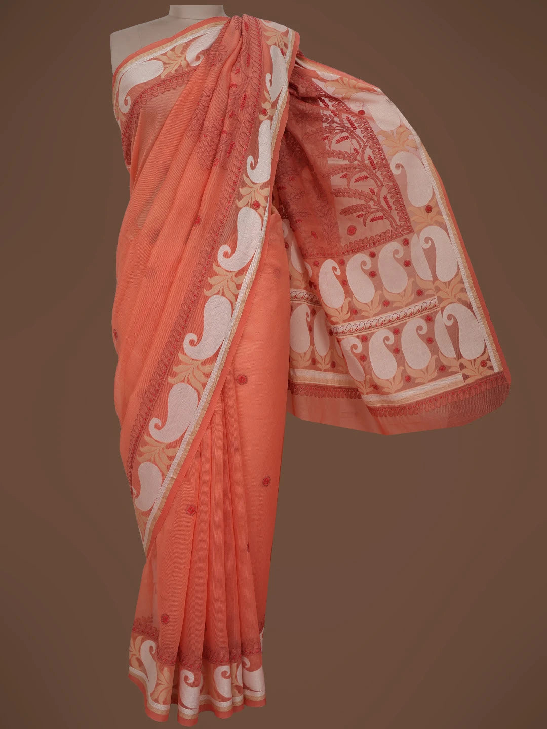 Ada Hand Embroidered Rust Chanderi Lucknowi Chikankari Saree and Blouse 01A680911