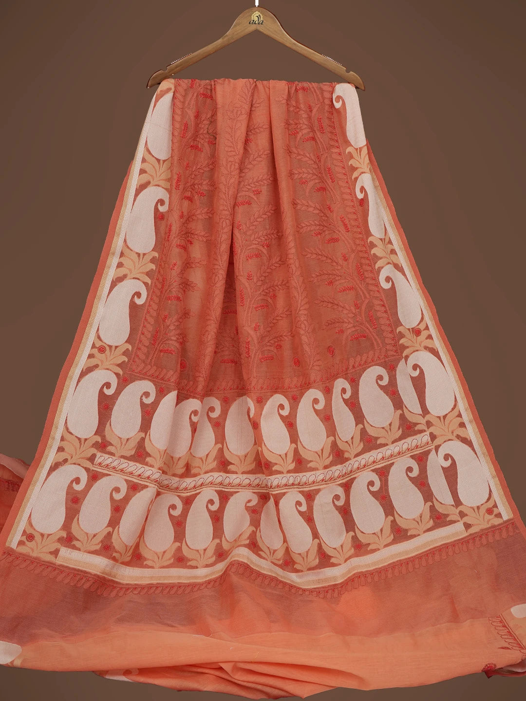 Ada Hand Embroidered Rust Chanderi Lucknowi Chikankari Saree and Blouse 01A680911