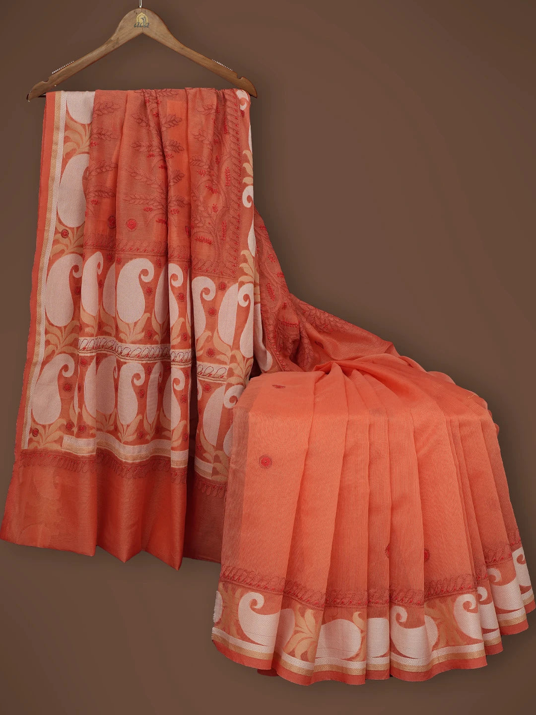 Ada Hand Embroidered Rust Chanderi Lucknowi Chikankari Saree and Blouse 01A680911
