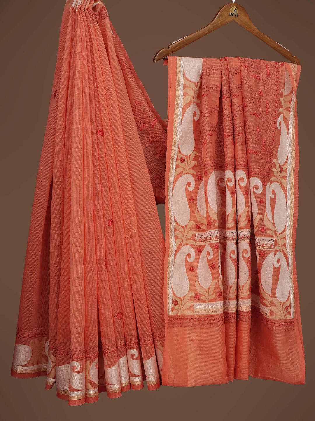 Ada Hand Embroidered Rust Chanderi Lucknowi Chikankari Saree and Blouse 01A680911