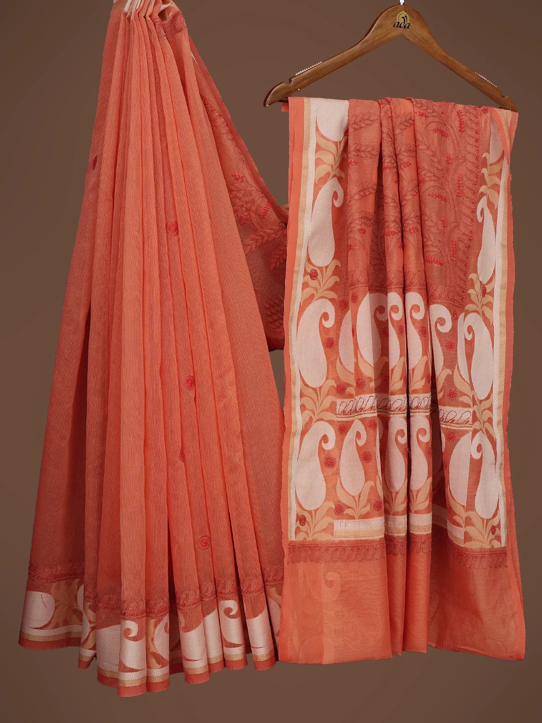 Ada Hand Embroidered Rust Chanderi Lucknowi Chikankari Saree and Blouse 01A680911