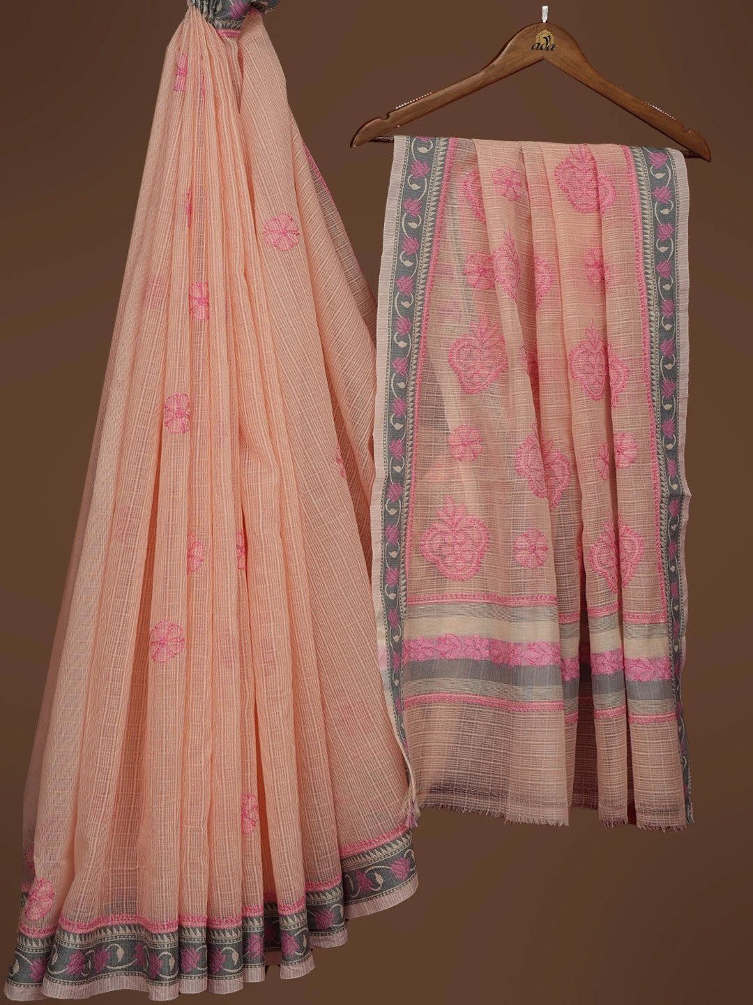 Ada Hand Embroidered Light Pink Chanderi Lucknowi Chikankari Saree and Blouse 01A718230