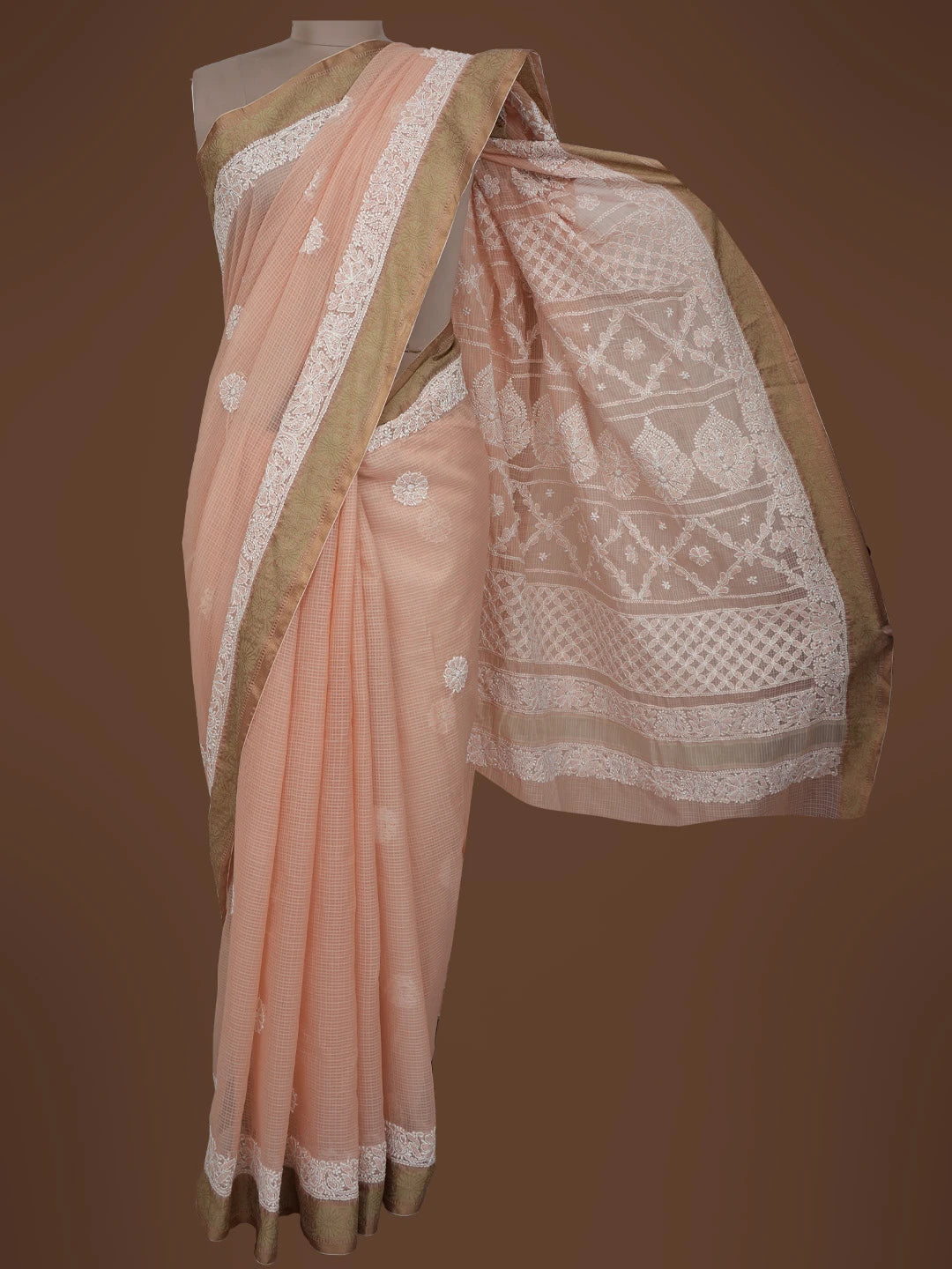 Ada Hand Embroidered Peach Chanderi Lucknowi Chikankari Saree and Blouse 01A719825