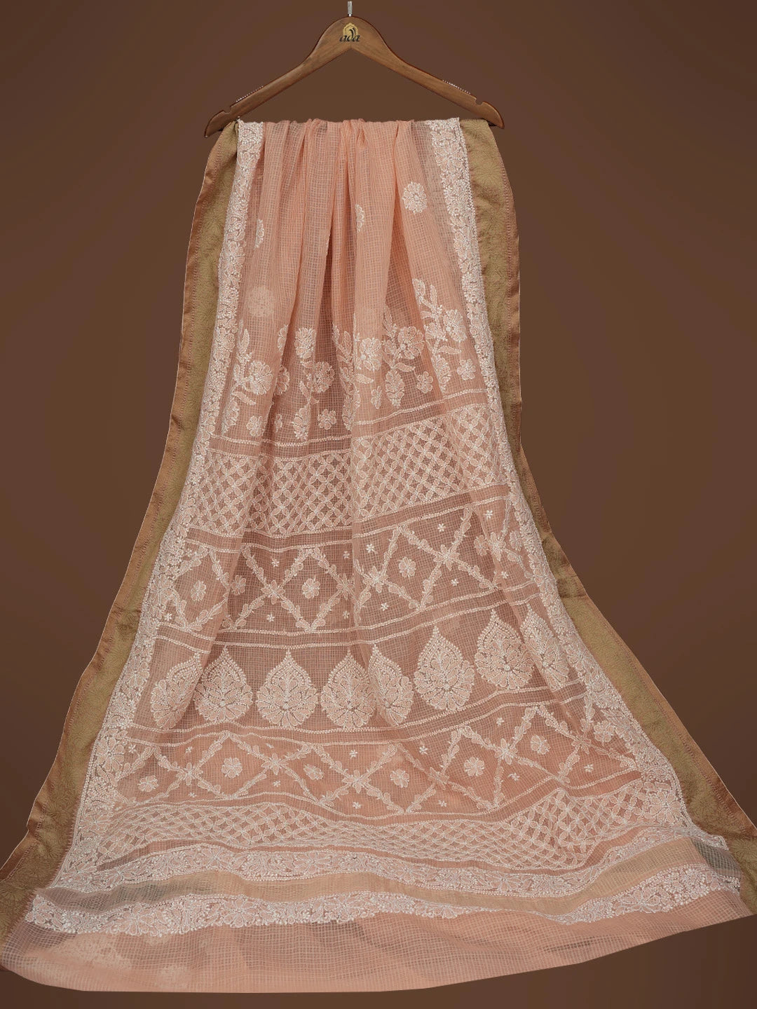Ada Hand Embroidered Peach Chanderi Lucknowi Chikankari Saree and Blouse 01A719825