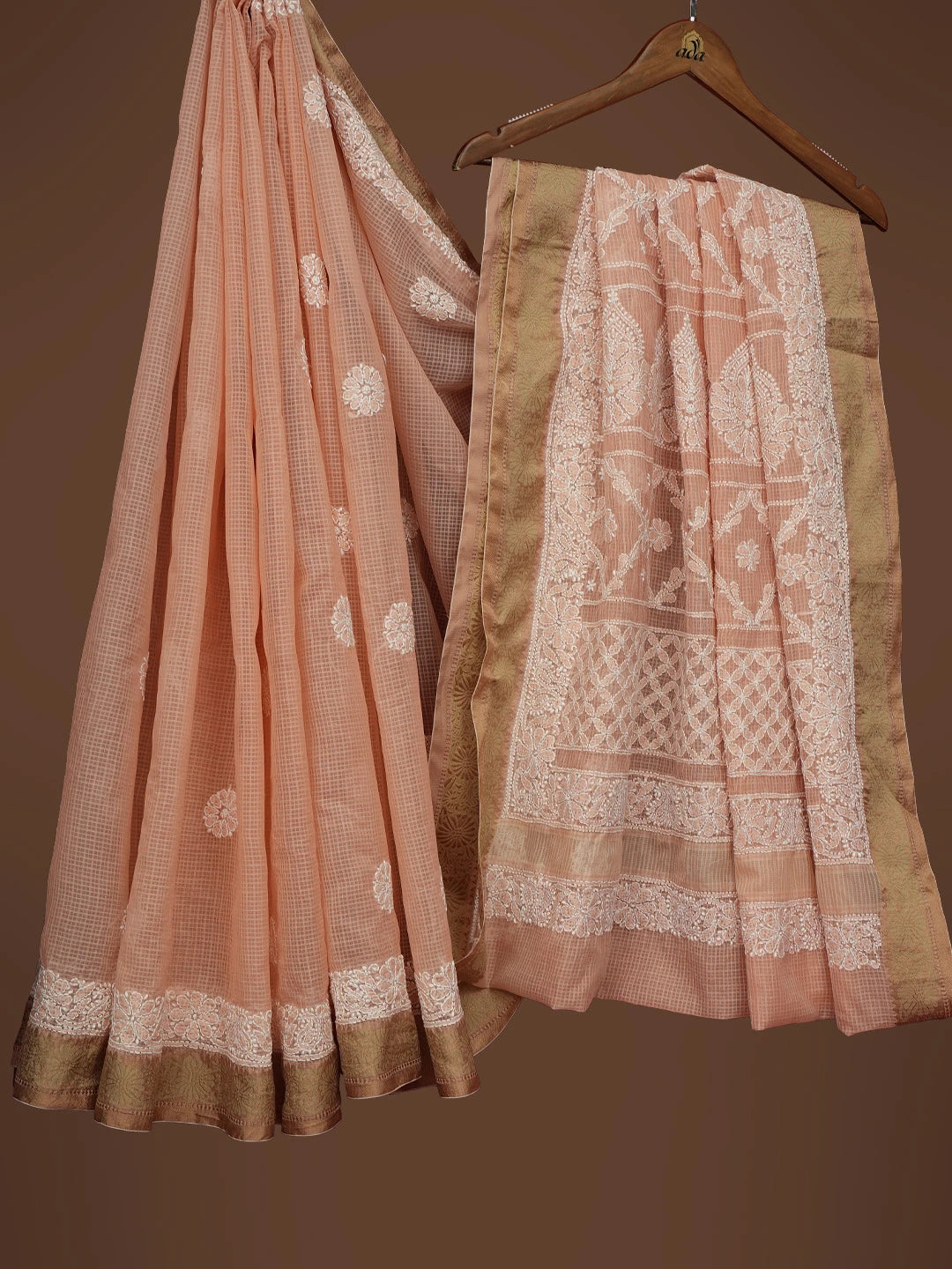 Ada Hand Embroidered Peach Chanderi Lucknowi Chikankari Saree and Blouse 01A719825