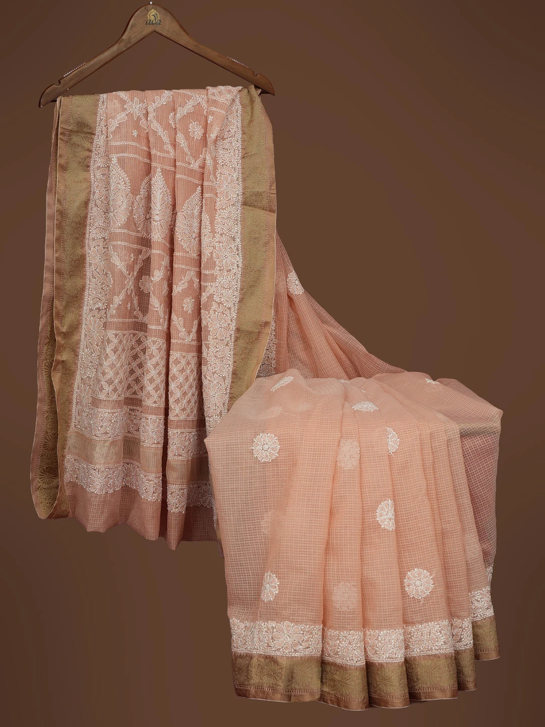 Ada Hand Embroidered Peach Chanderi Lucknowi Chikankari Saree and Blouse 01A719825