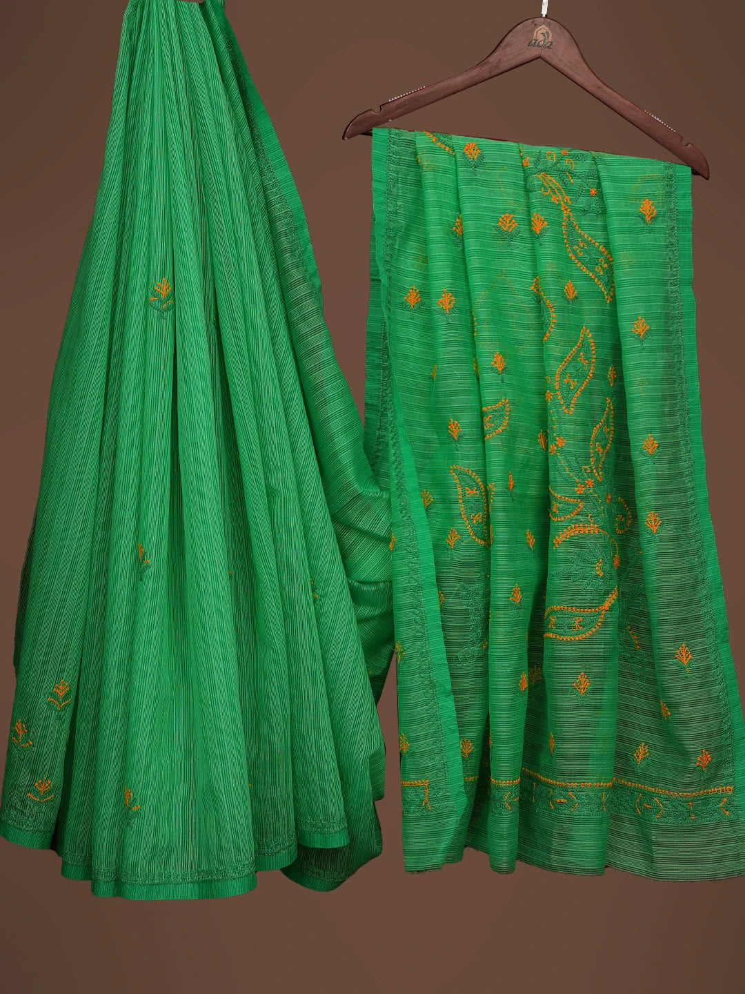 Ada Hand Embroidered Green Kota Chanderi Lucknowi Chikankari Saree and Blouse 01A717625