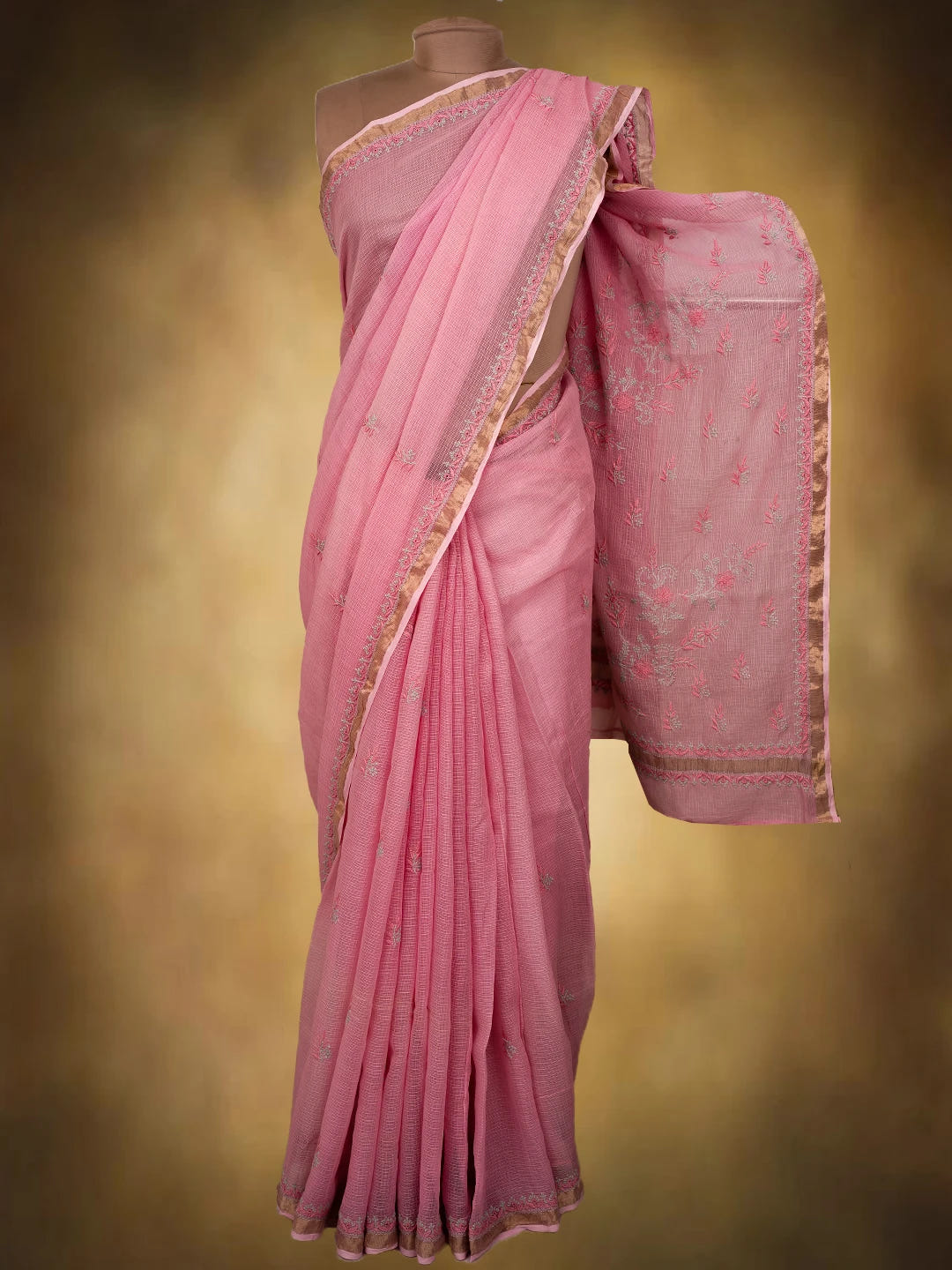Ada Hand Embroidered Pink Kota Lucknowi Chikankari Saree and Blouse With Zari Work 01A696571