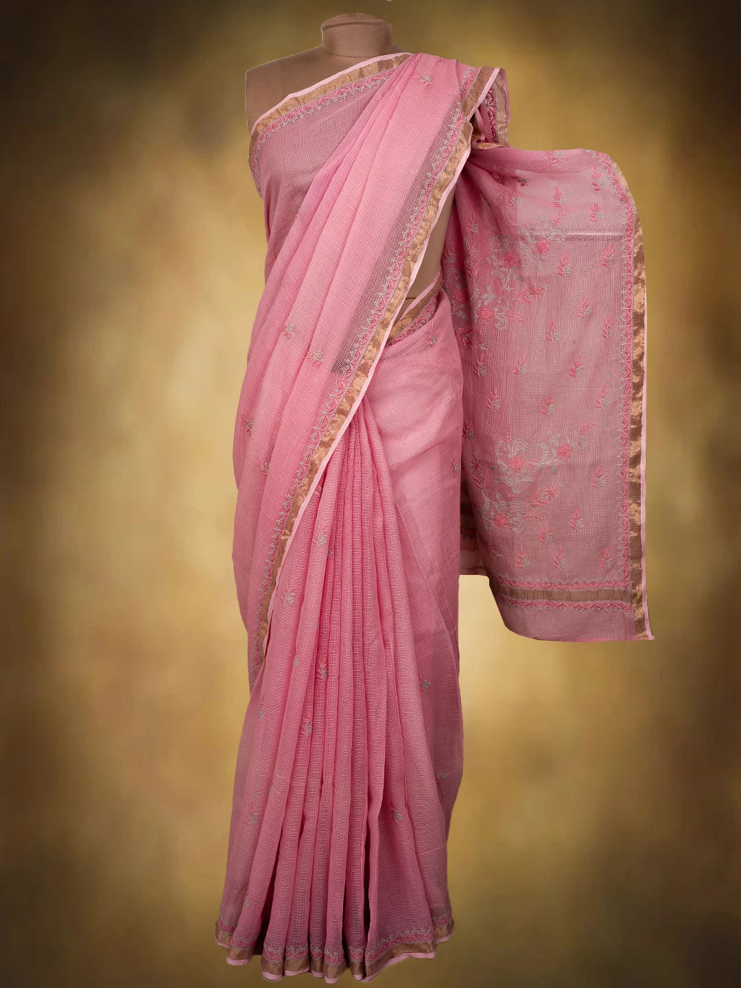 Ada Hand Embroidered Pink Kota Lucknowi Chikankari Saree and Blouse With Zari Work 01A696571