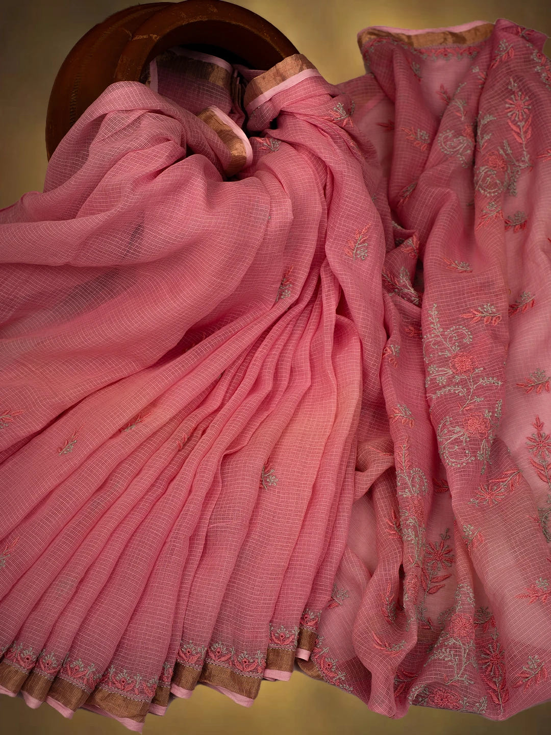 Ada Hand Embroidered Pink Kota Lucknowi Chikankari Saree and Blouse With Zari Work 01A696571