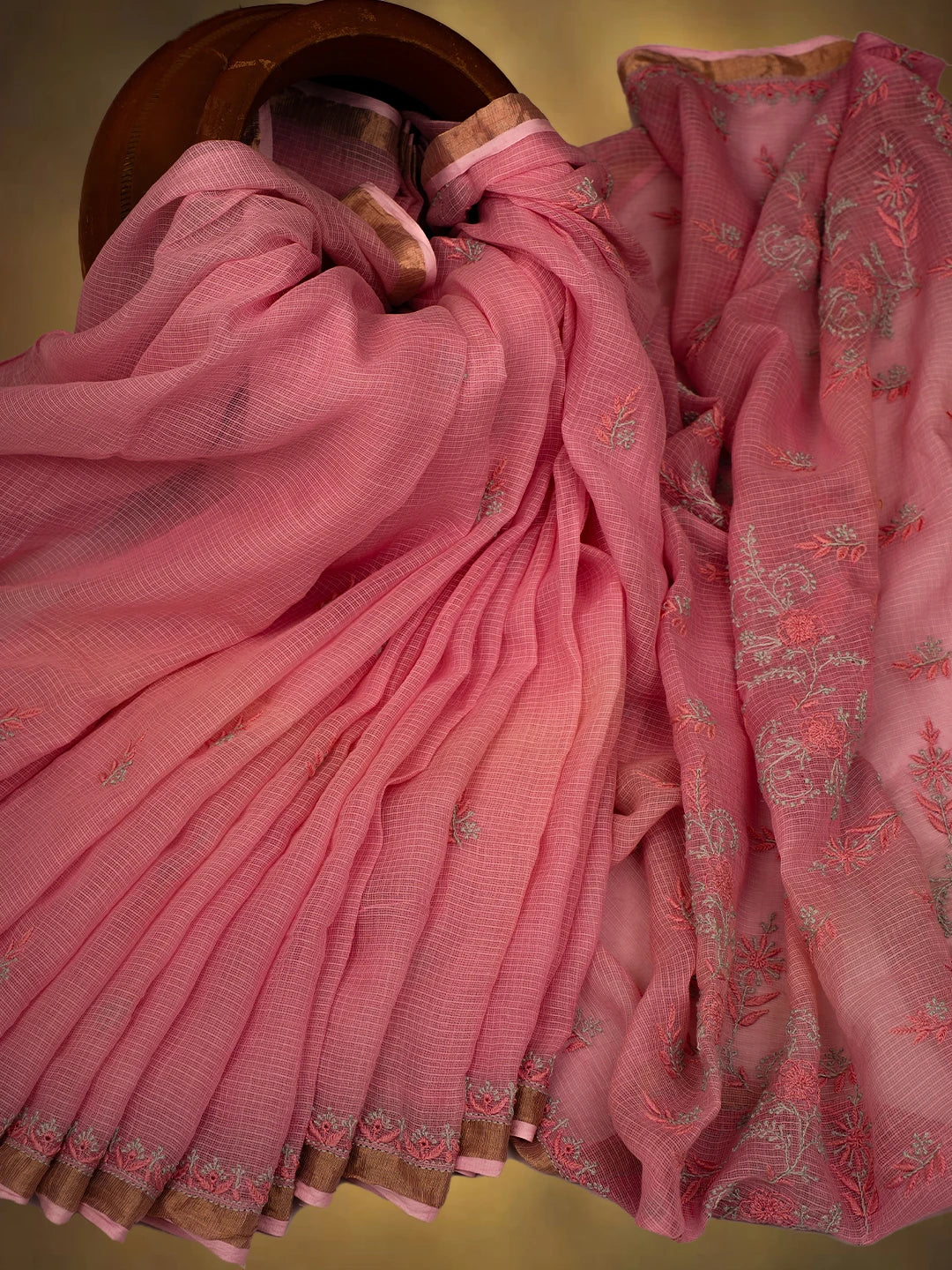 Ada Hand Embroidered Pink Kota Lucknowi Chikankari Saree and Blouse With Zari Work 01A696571