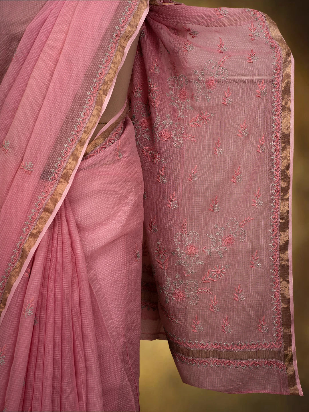 Ada Hand Embroidered Pink Kota Lucknowi Chikankari Saree and Blouse With Zari Work 01A696571