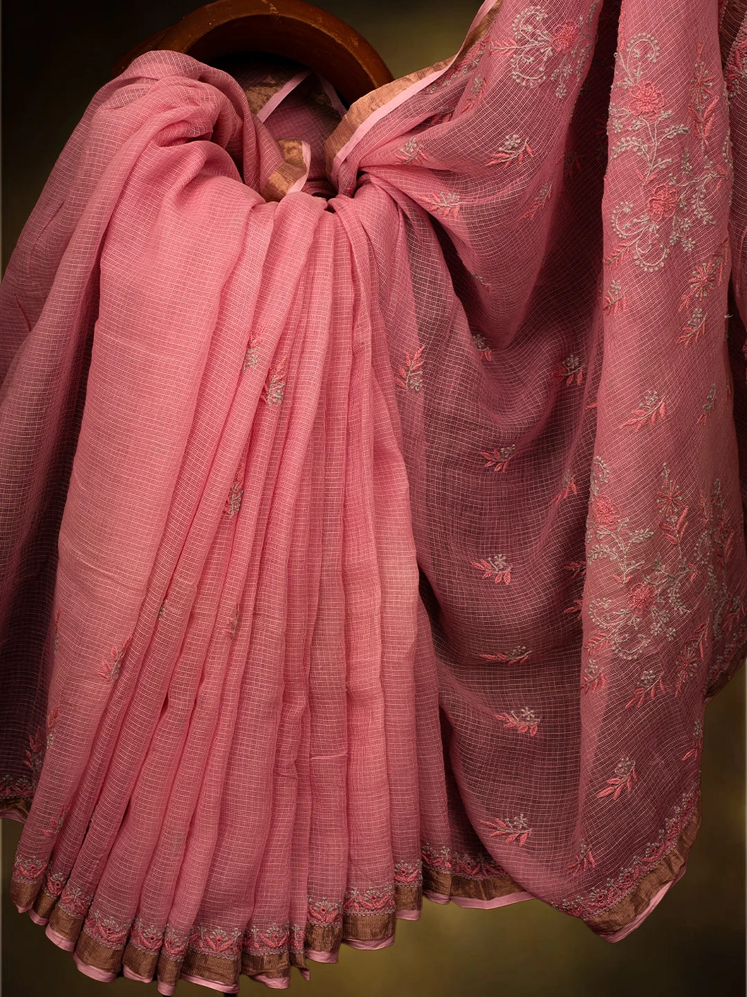 Ada Hand Embroidered Pink Kota Lucknowi Chikankari Saree and Blouse With Zari Work 01A696571