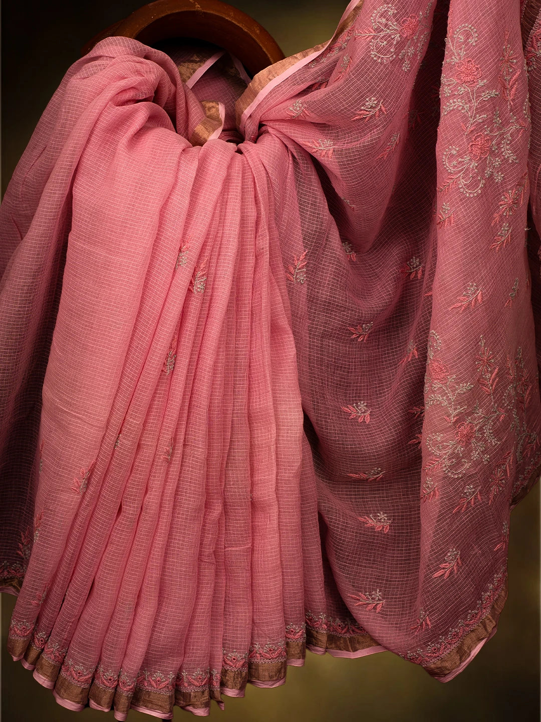 Ada Hand Embroidered Pink Kota Lucknowi Chikankari Saree and Blouse With Zari Work 01A696571