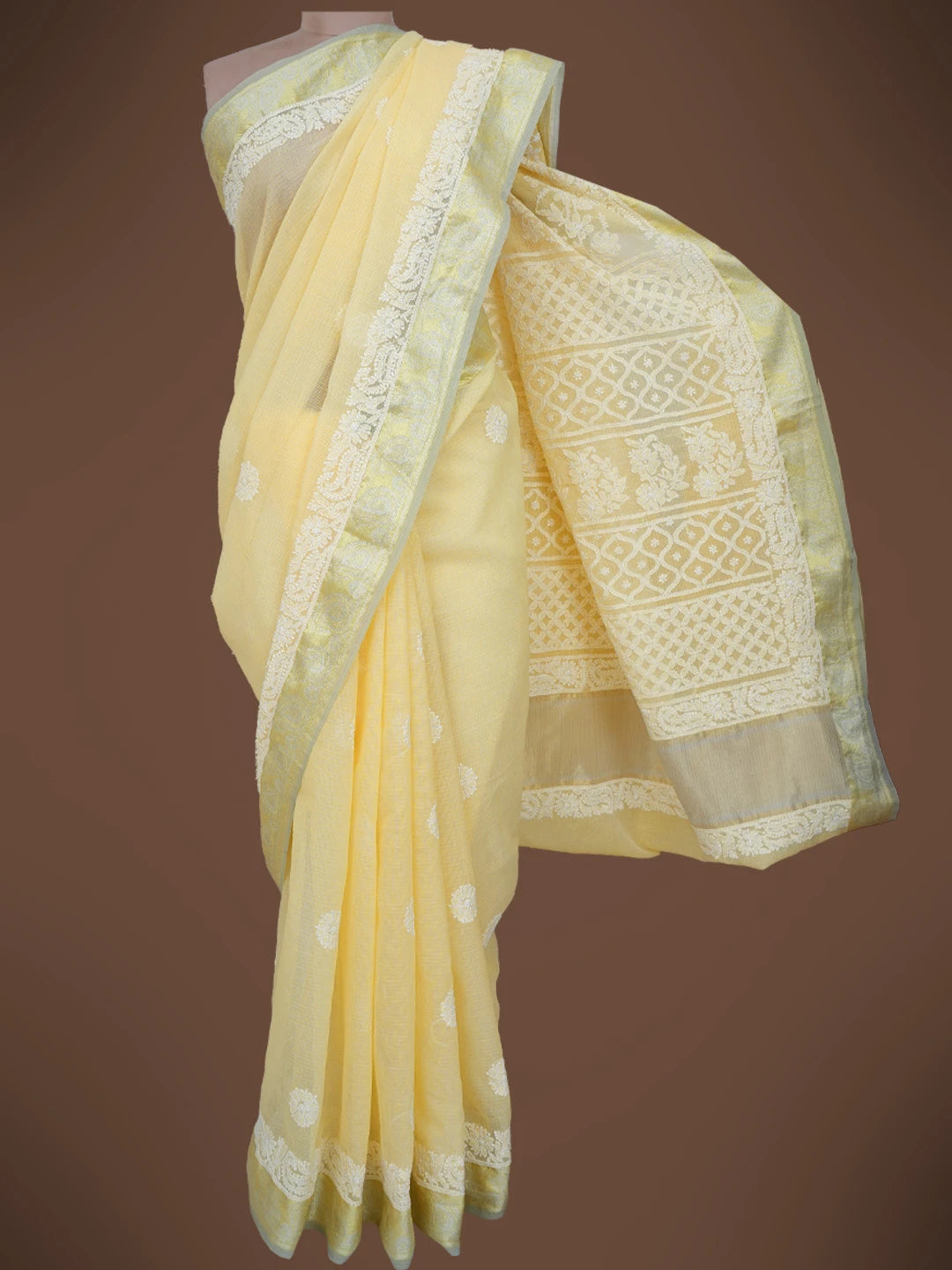 Ada Hand Embroidered Beige Chanderi Lucknowi Chikankari Saree and Blouse 01A719817