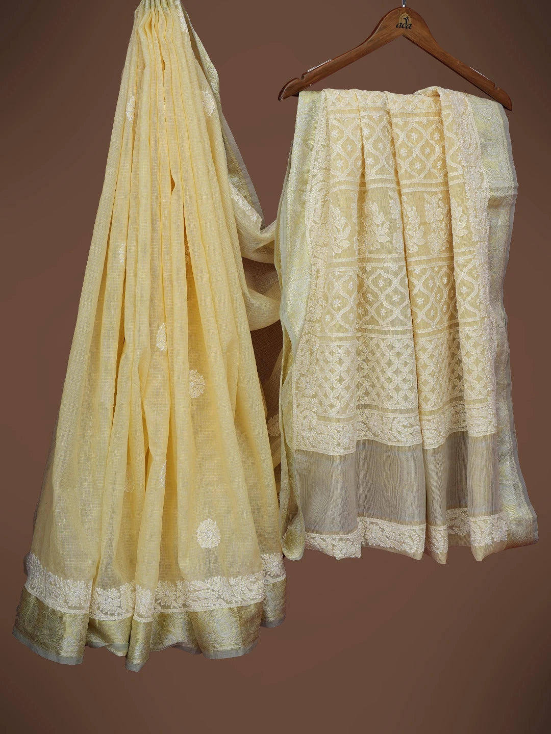 Ada Hand Embroidered Beige Chanderi Lucknowi Chikankari Saree and Blouse 01A719817