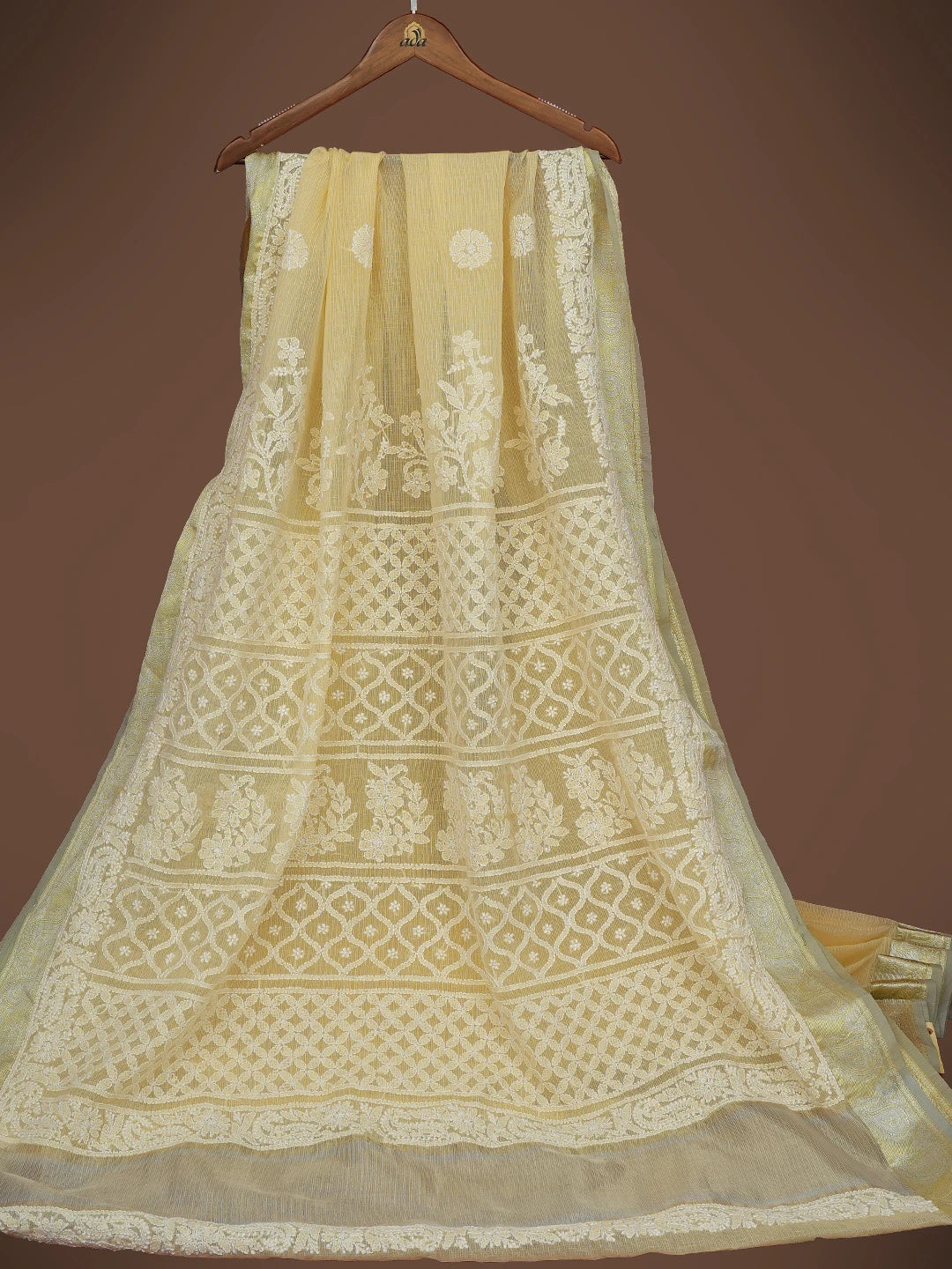 Ada Hand Embroidered Beige Chanderi Lucknowi Chikankari Saree and Blouse 01A719817