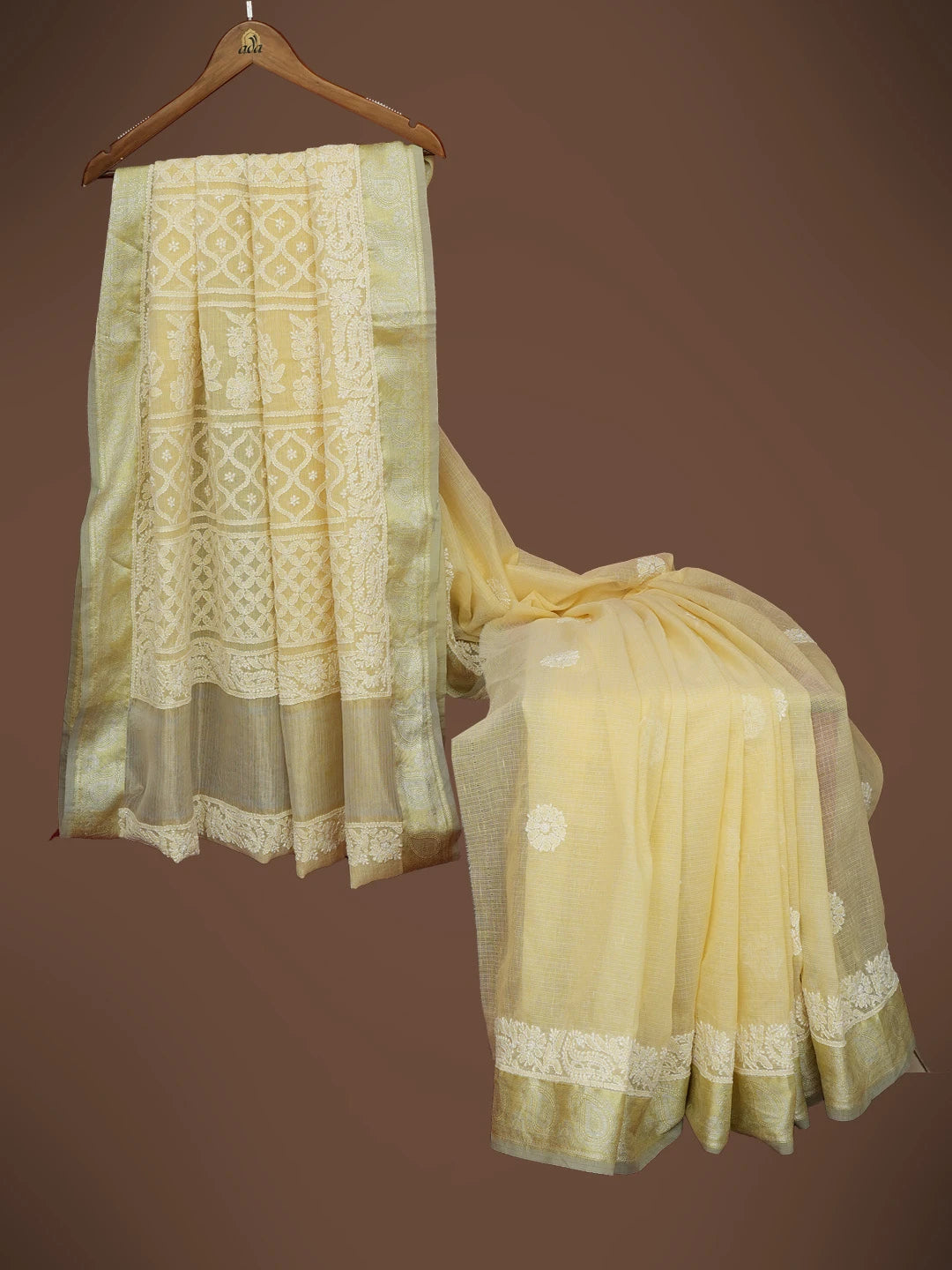 Ada Hand Embroidered Beige Chanderi Lucknowi Chikankari Saree and Blouse 01A719817