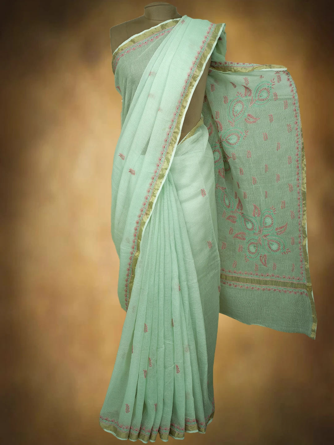 Ada Hand Embroidered Pista Green Kota Lucknowi Chikankari Saree and Blouse With Zari Work 01A708600