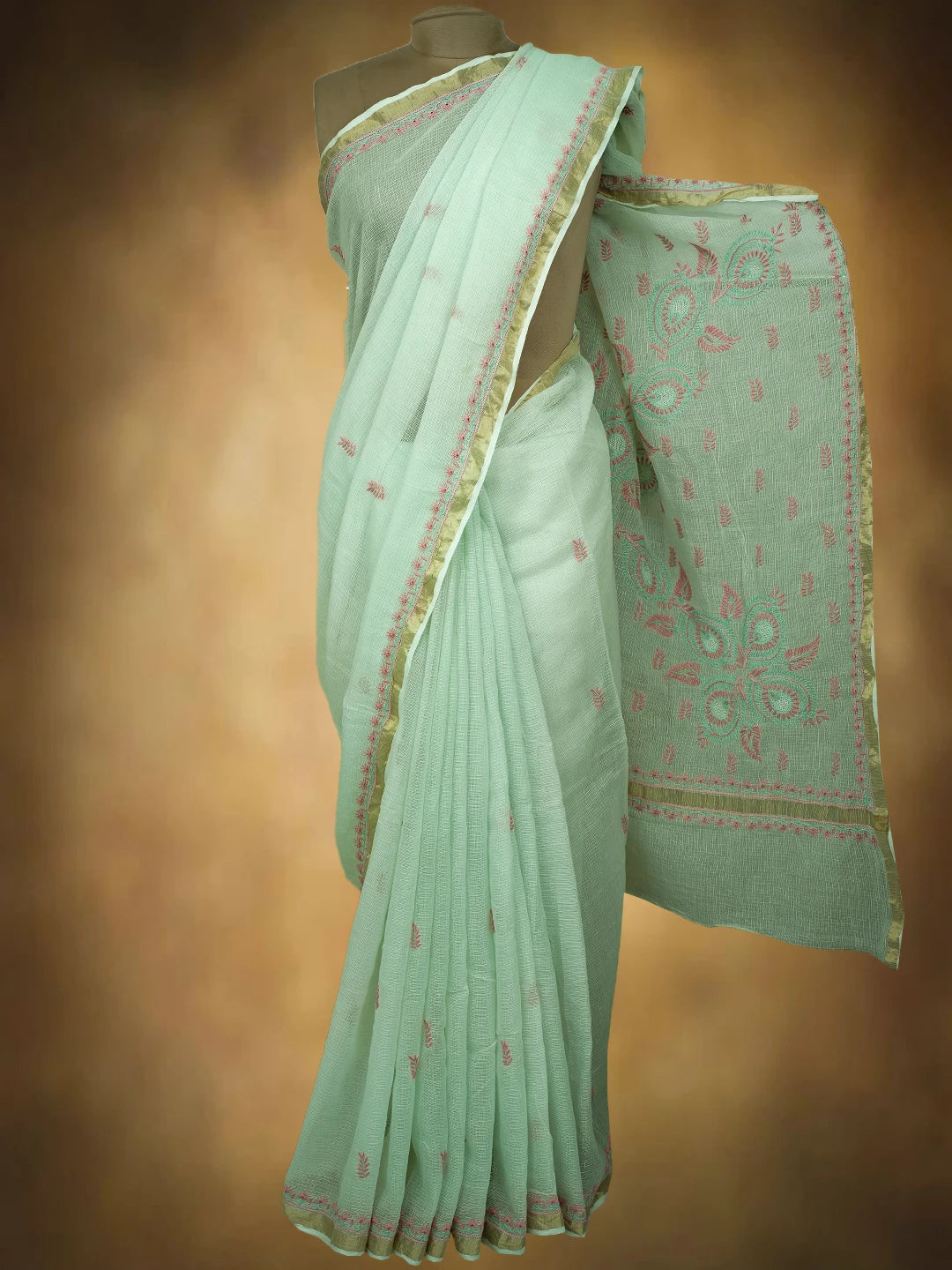 Ada Hand Embroidered Pista Green Kota Lucknowi Chikankari Saree and Blouse With Zari Work 01A708600