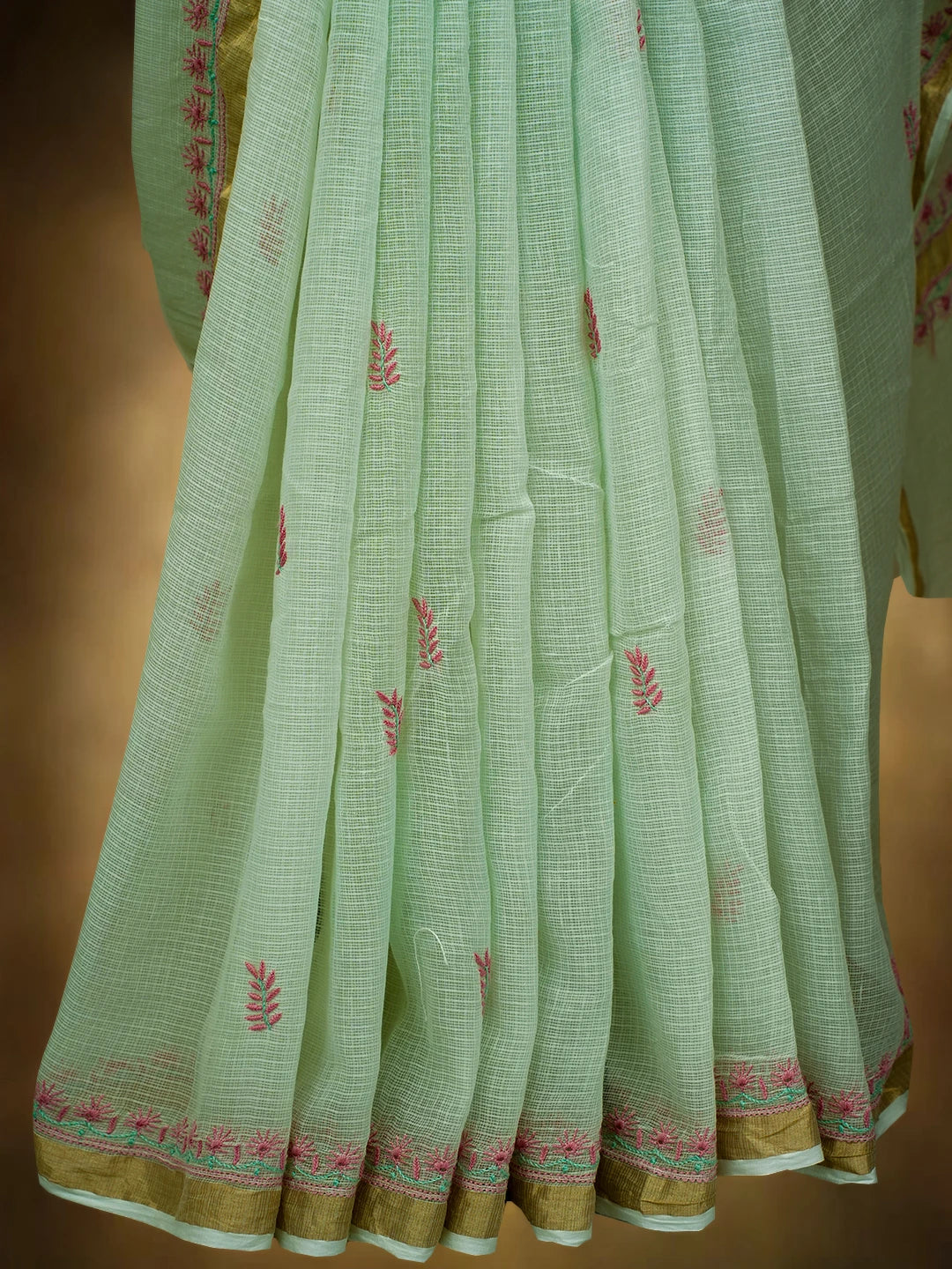 Ada Hand Embroidered Pista Green Kota Lucknowi Chikankari Saree and Blouse With Zari Work 01A708600
