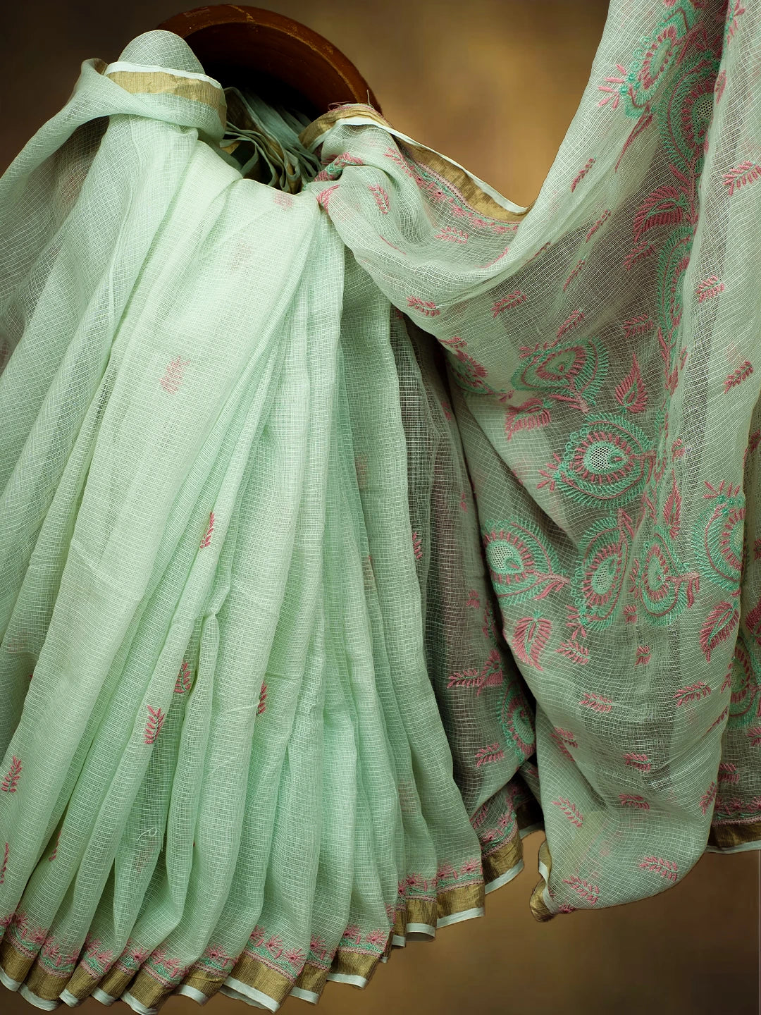 Ada Hand Embroidered Pista Green Kota Lucknowi Chikankari Saree and Blouse With Zari Work 01A708600