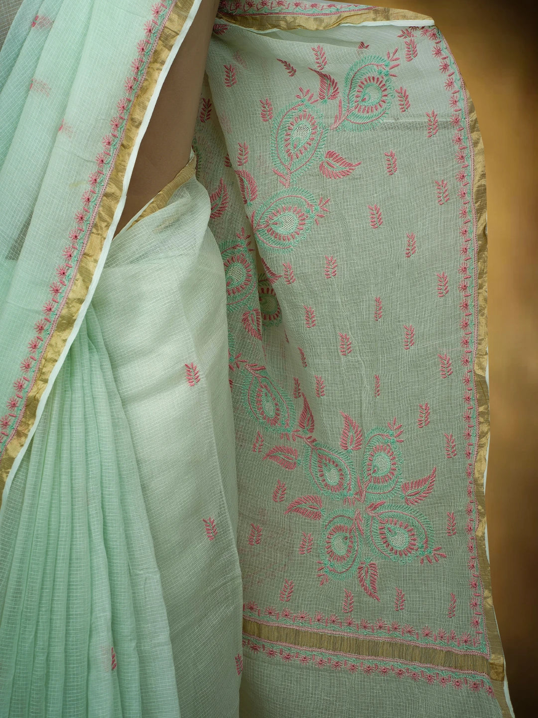 Ada Hand Embroidered Pista Green Kota Lucknowi Chikankari Saree and Blouse With Zari Work 01A708600