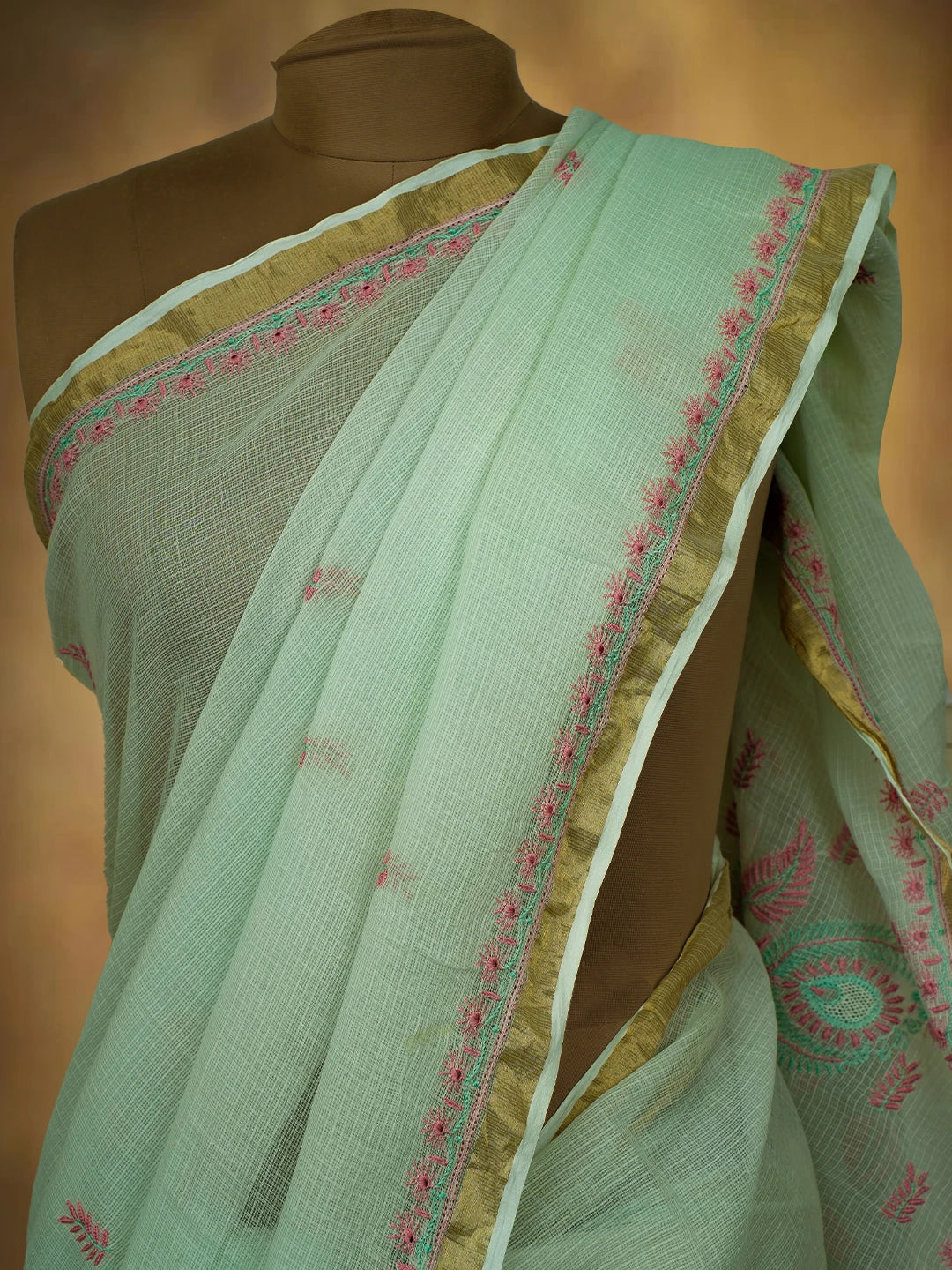 Ada Hand Embroidered Pista Green Kota Lucknowi Chikankari Saree and Blouse With Zari Work 01A708600