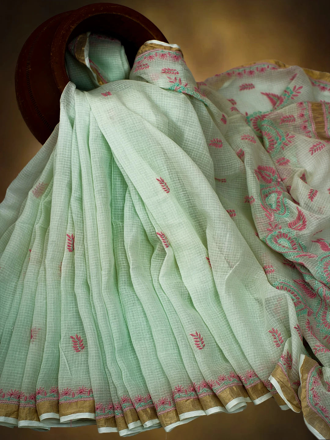 Ada Hand Embroidered Pista Green Kota Lucknowi Chikankari Saree and Blouse With Zari Work 01A708600