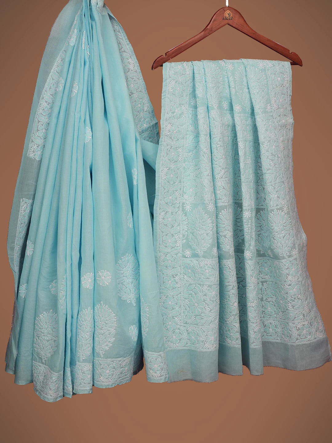 Ada Hand Embroidered Blue Cotton Lucknowi Chikankari Saree and Blouse 01A720682