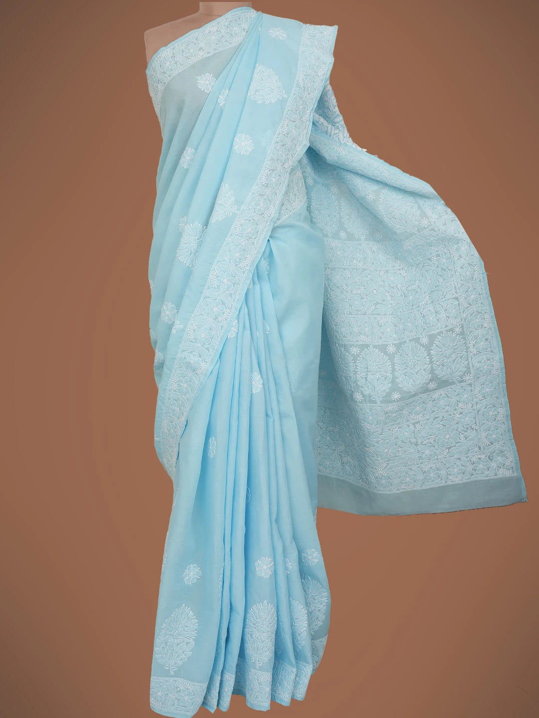 Ada Hand Embroidered Blue Cotton Lucknowi Chikankari Saree and Blouse 01A720682